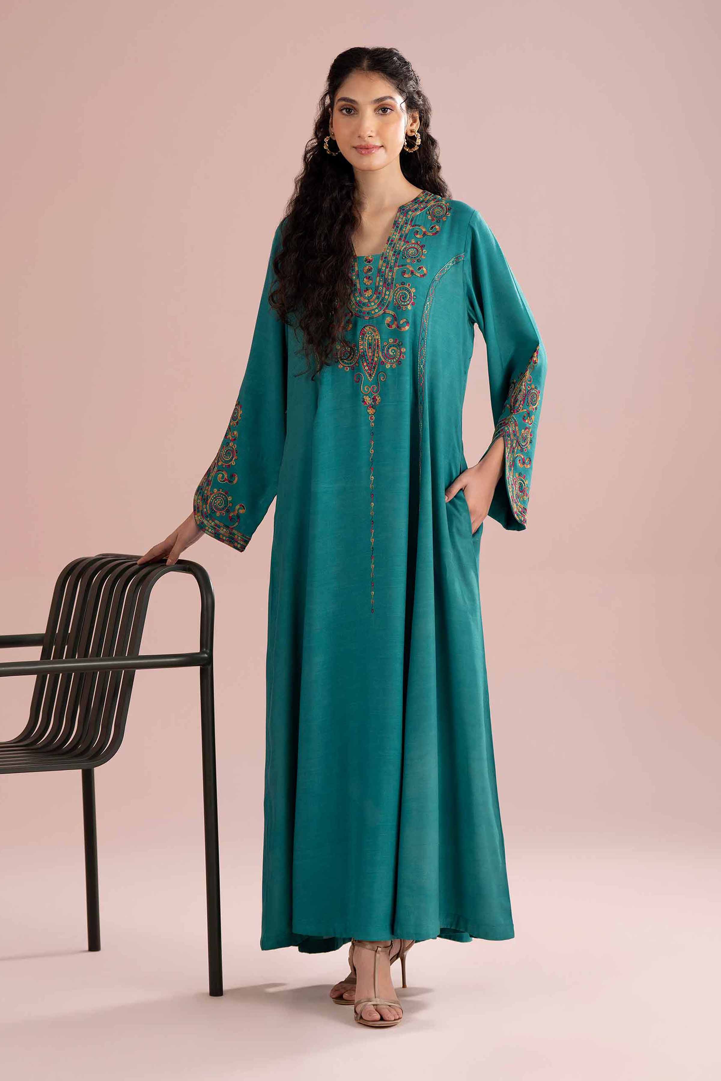 Nishat UK - Green Embroidered Raw Silk 1-piece ready to wear Long dress