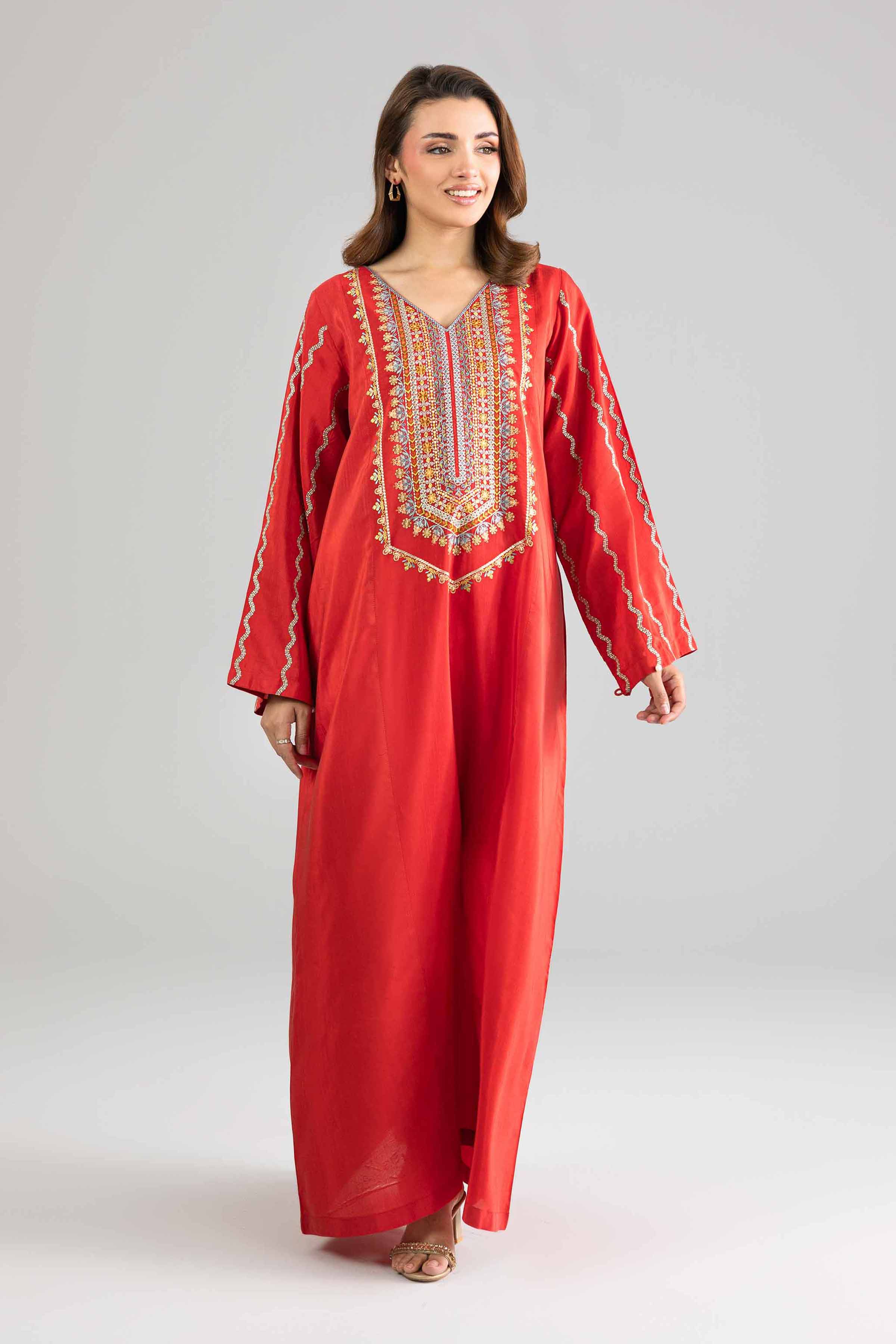 Nishat UK - Red Embroidered Silk 1-piece ready to wear Long dress