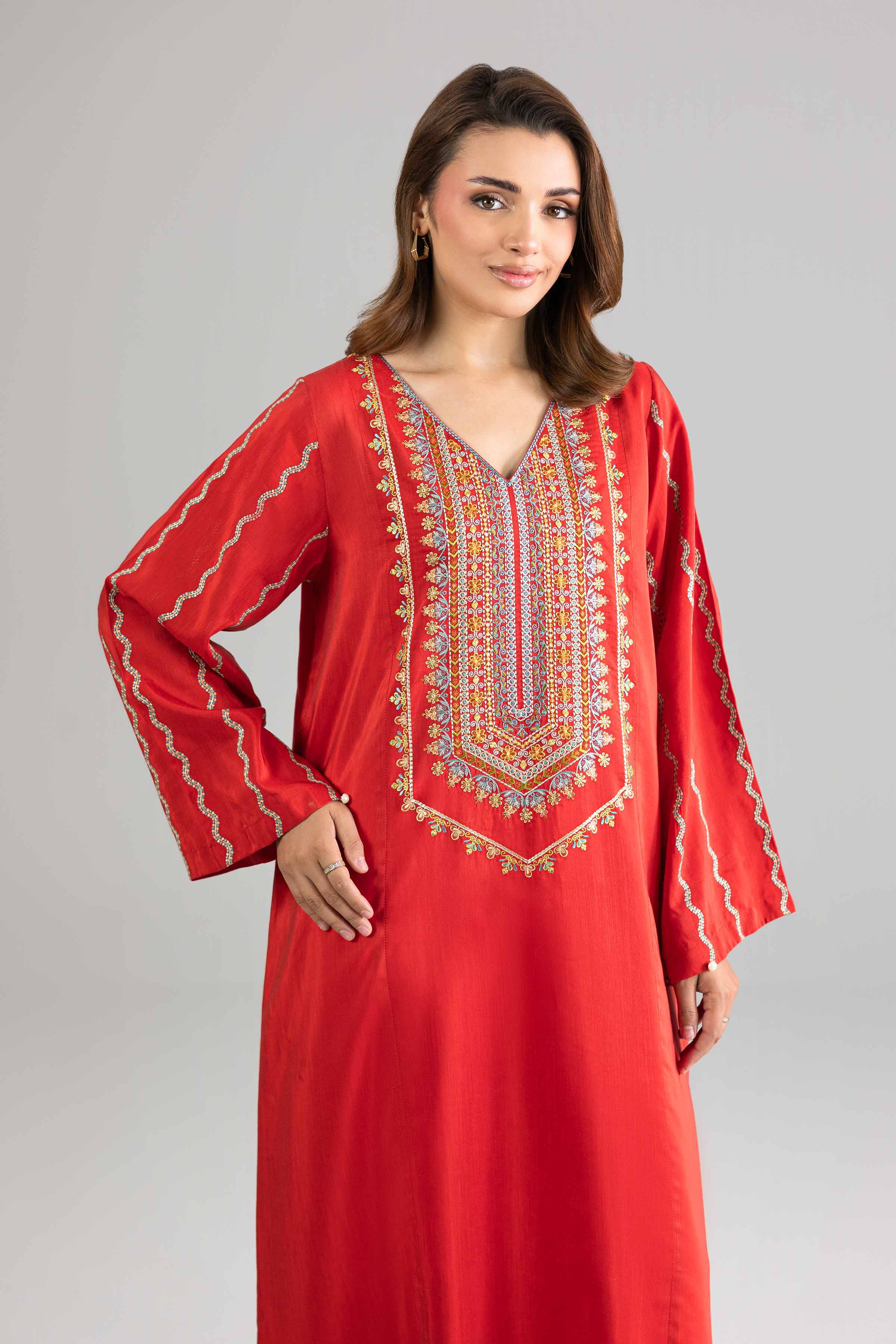 Nishat UK - Red Embroidered Silk 1-piece ready to wear Long dress