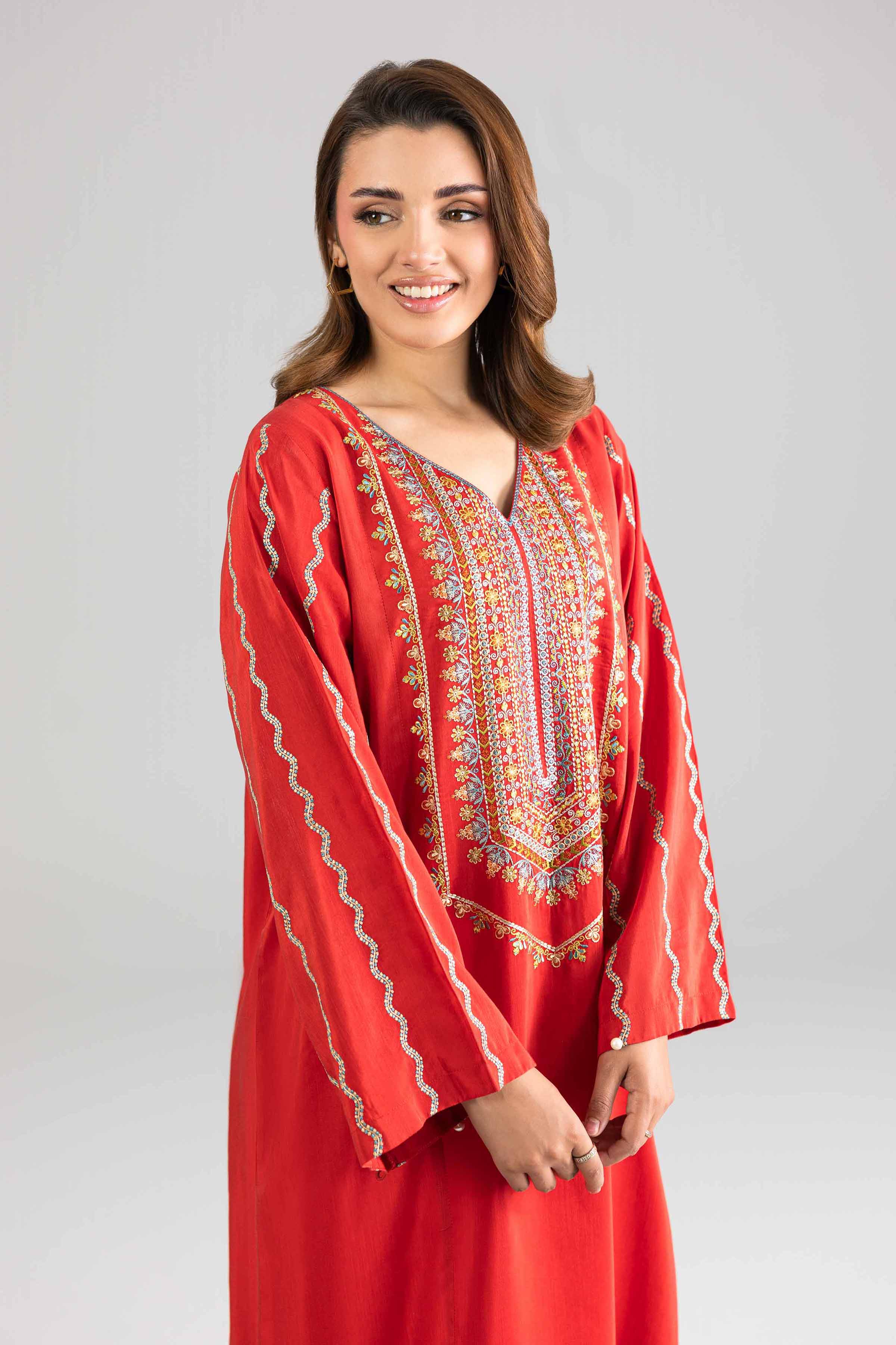 Nishat UK - Red Embroidered Silk 1-piece ready to wear Long dress