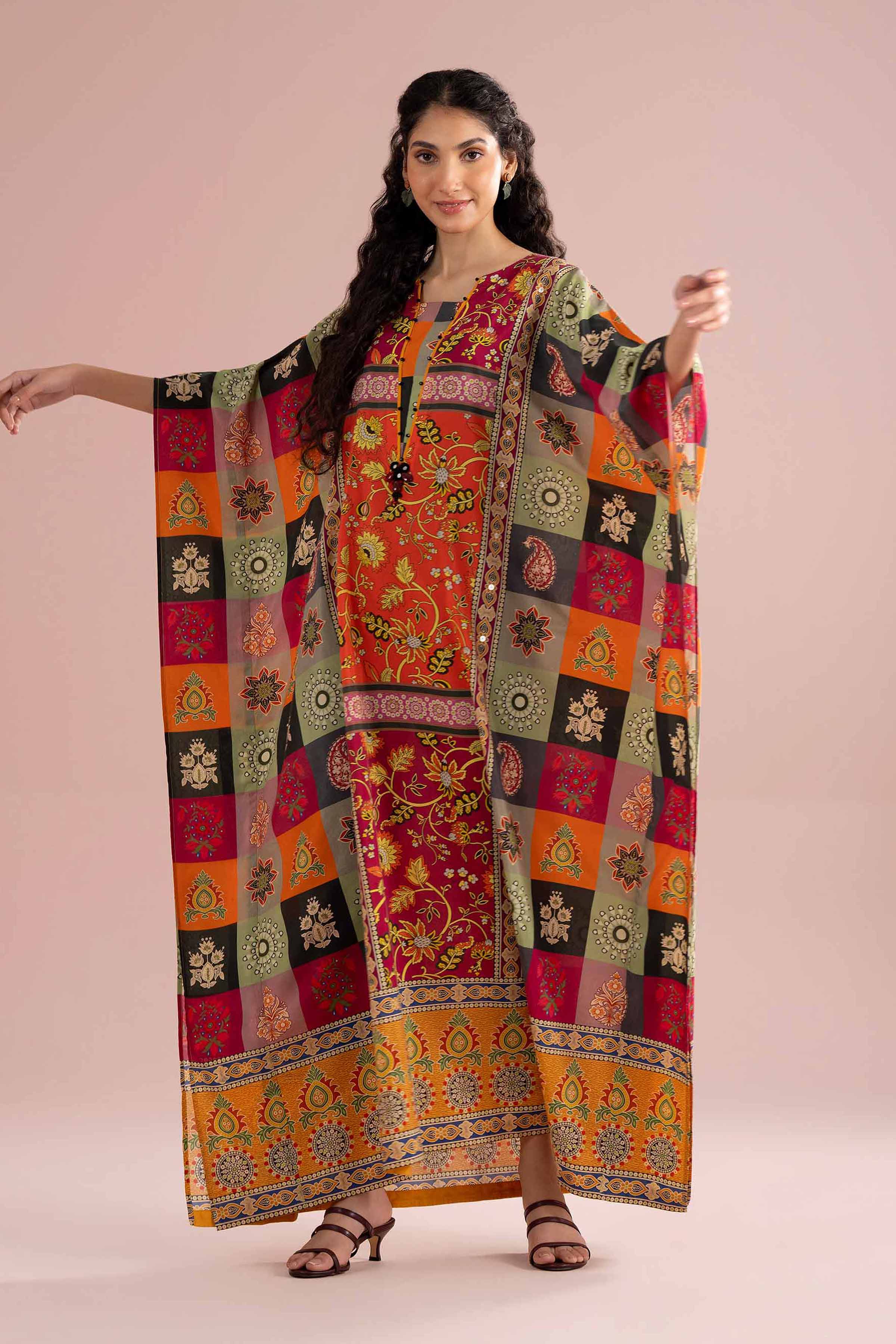 NishatUK - Multi Embroidered Silk 1-piece ready to wear kaftan