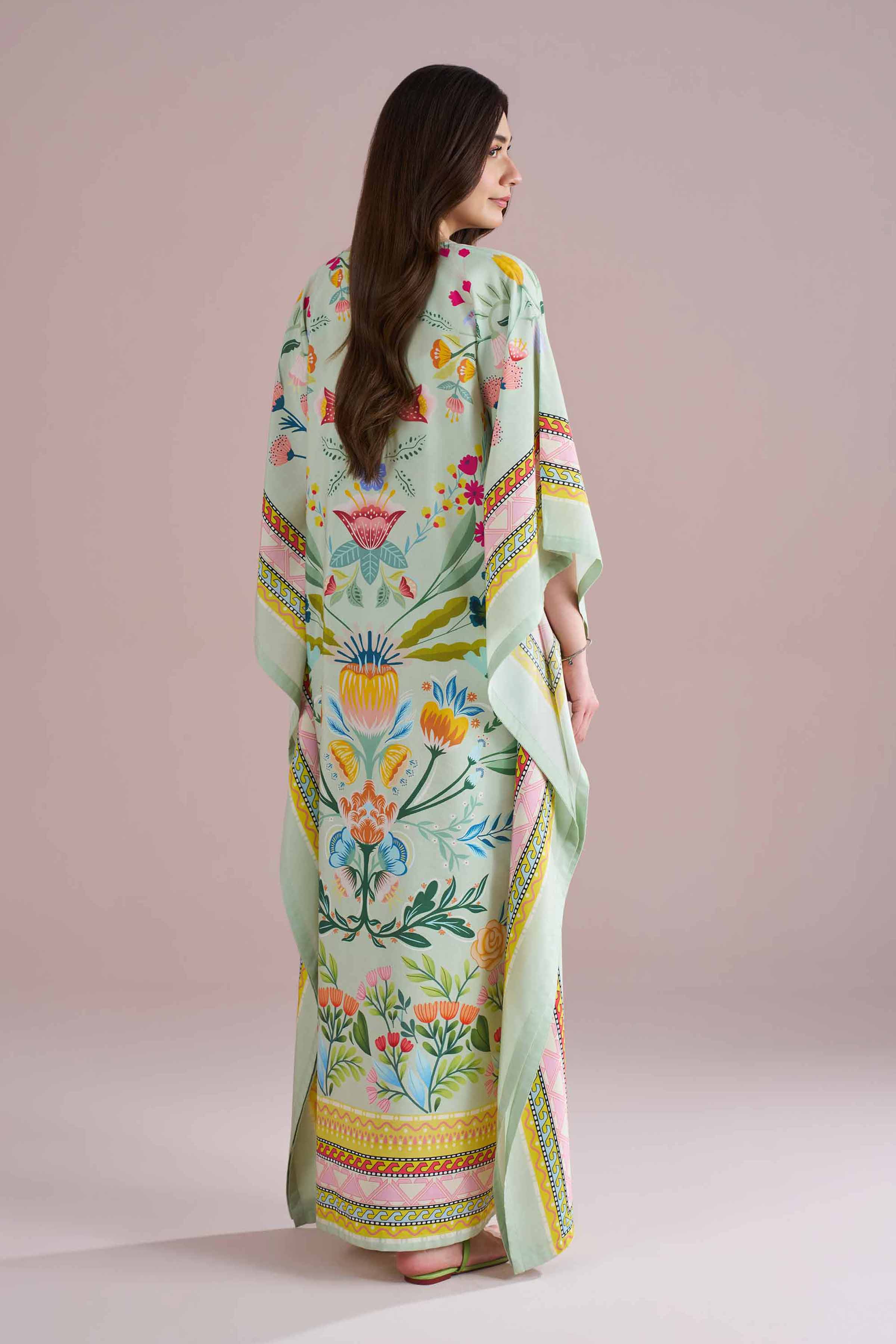 NishatUK - Green Printed Silk 1-piece ready to wear Kaftan