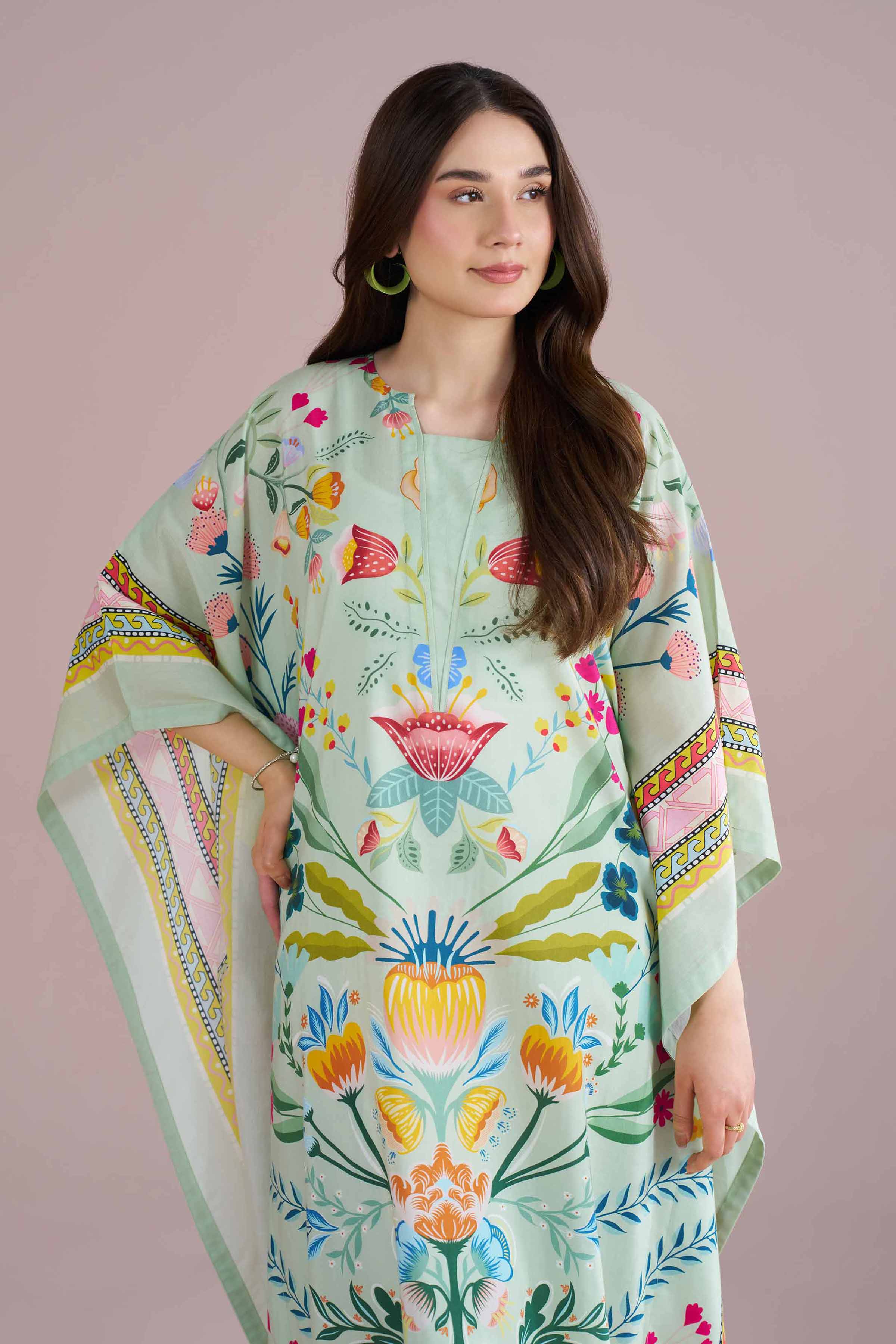 NishatUK - Green Printed Silk 1-piece ready to wear Kaftan