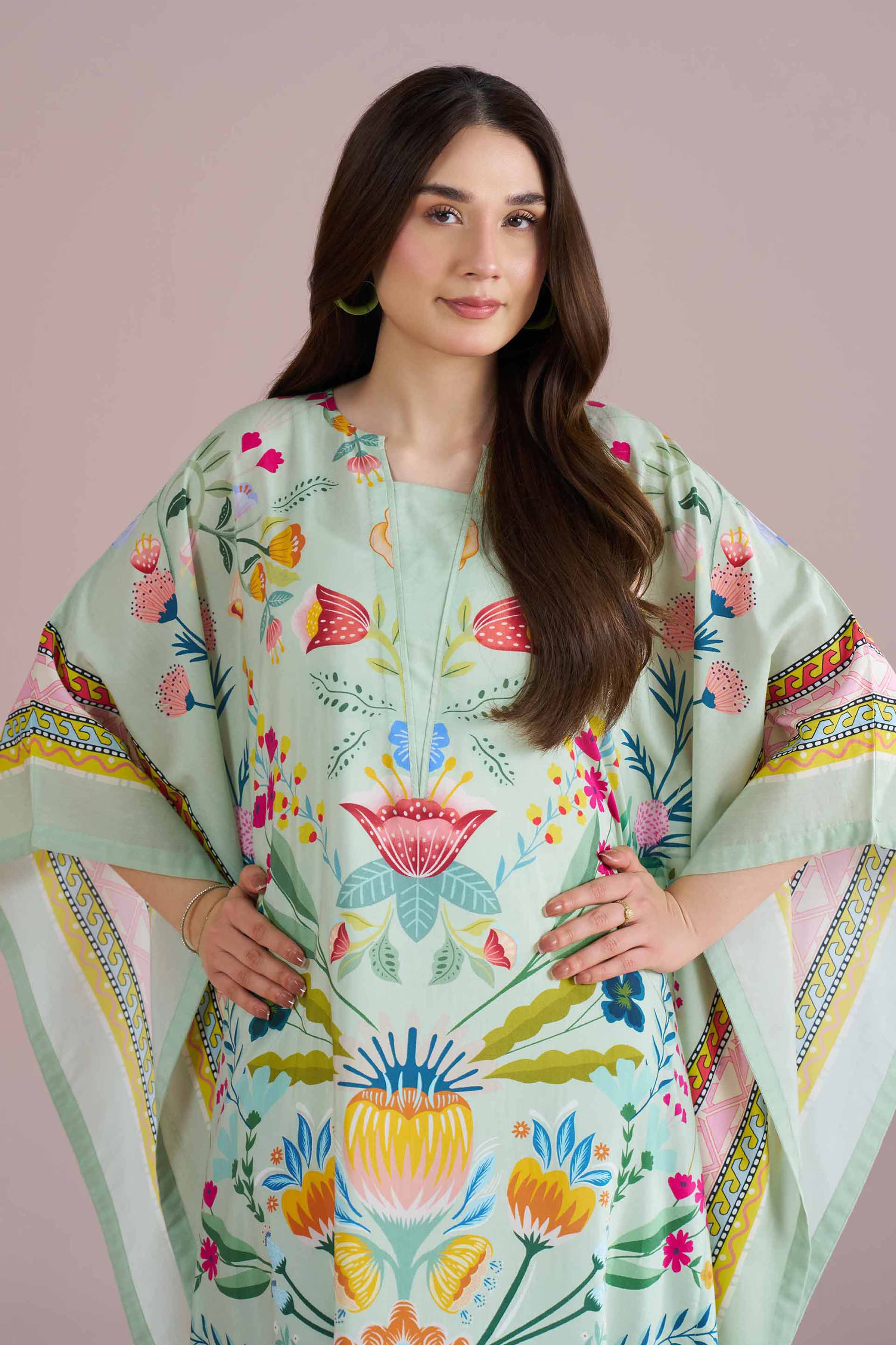 NishatUK - Green Printed Silk 1-piece ready to wear Kaftan