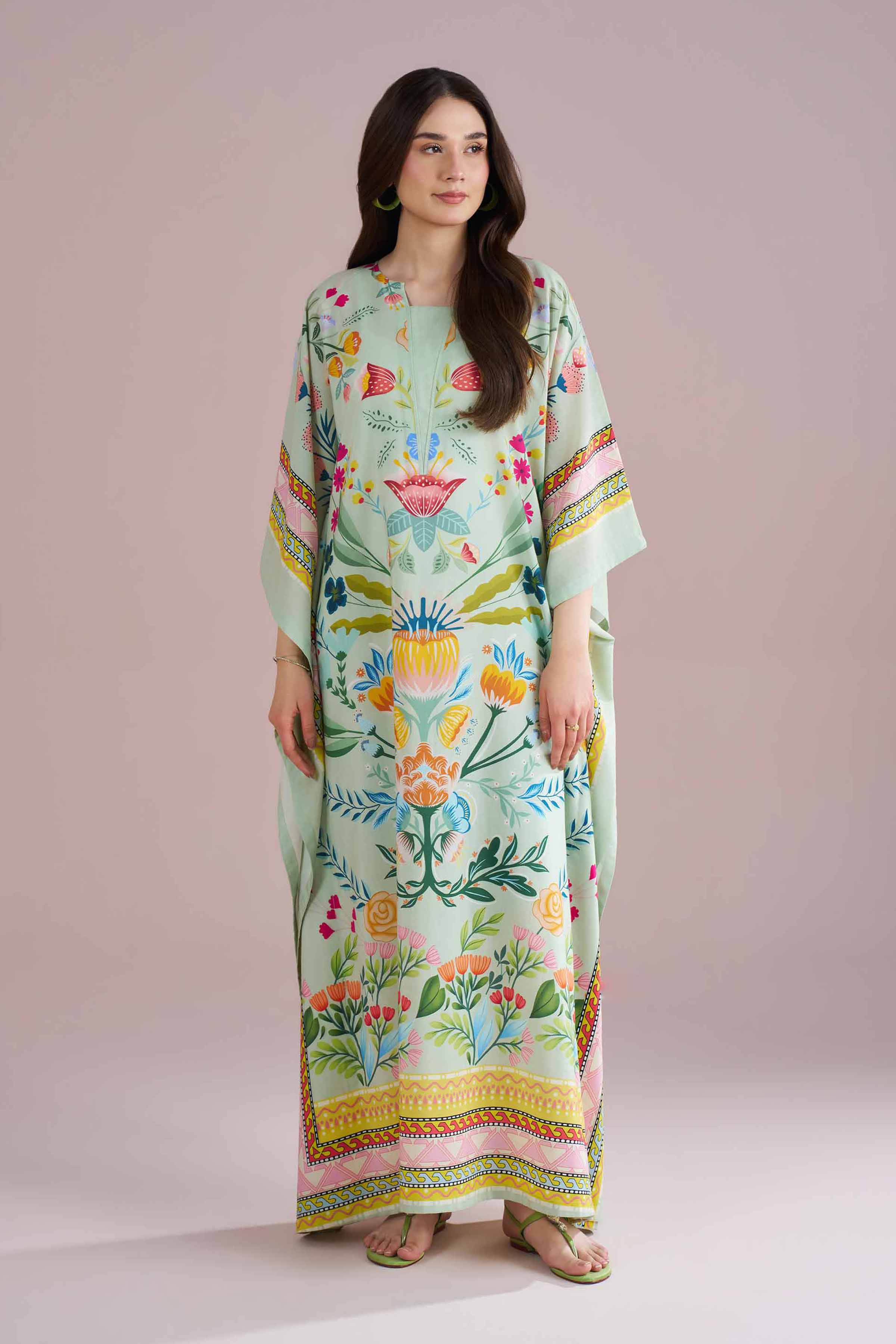 NishatUK - Green Printed Silk 1-piece ready to wear Kaftan