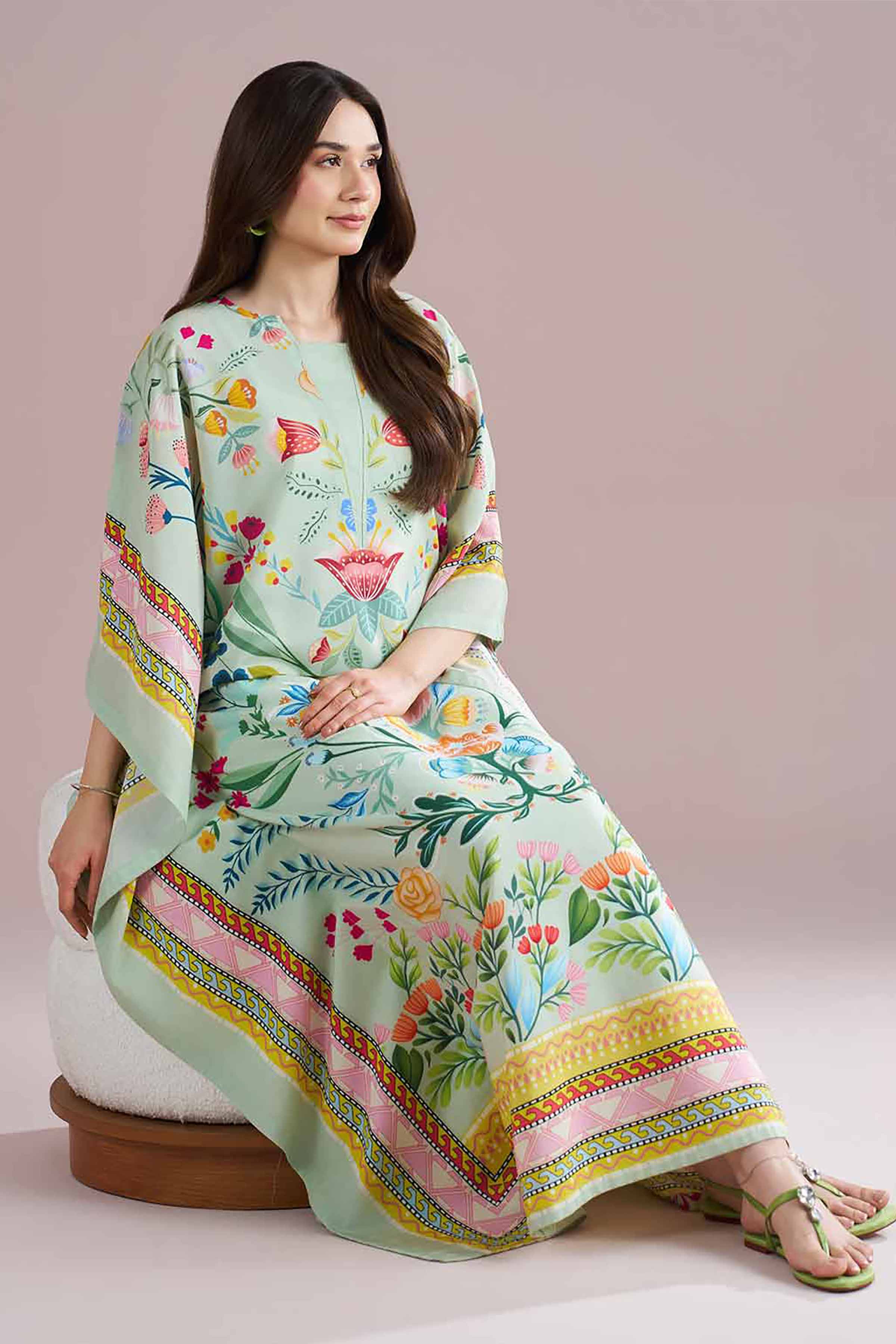NishatUK - Green Printed Silk 1-piece ready to wear Kaftan