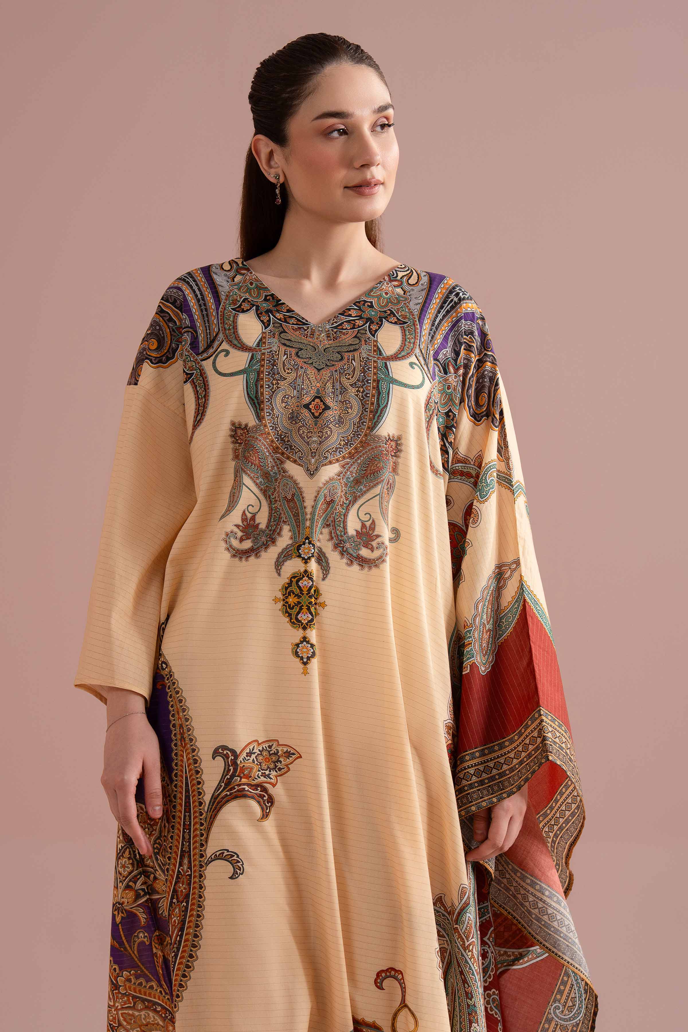 NishatUK - Beige Printed Lawn 1-piece ready to wear long dress