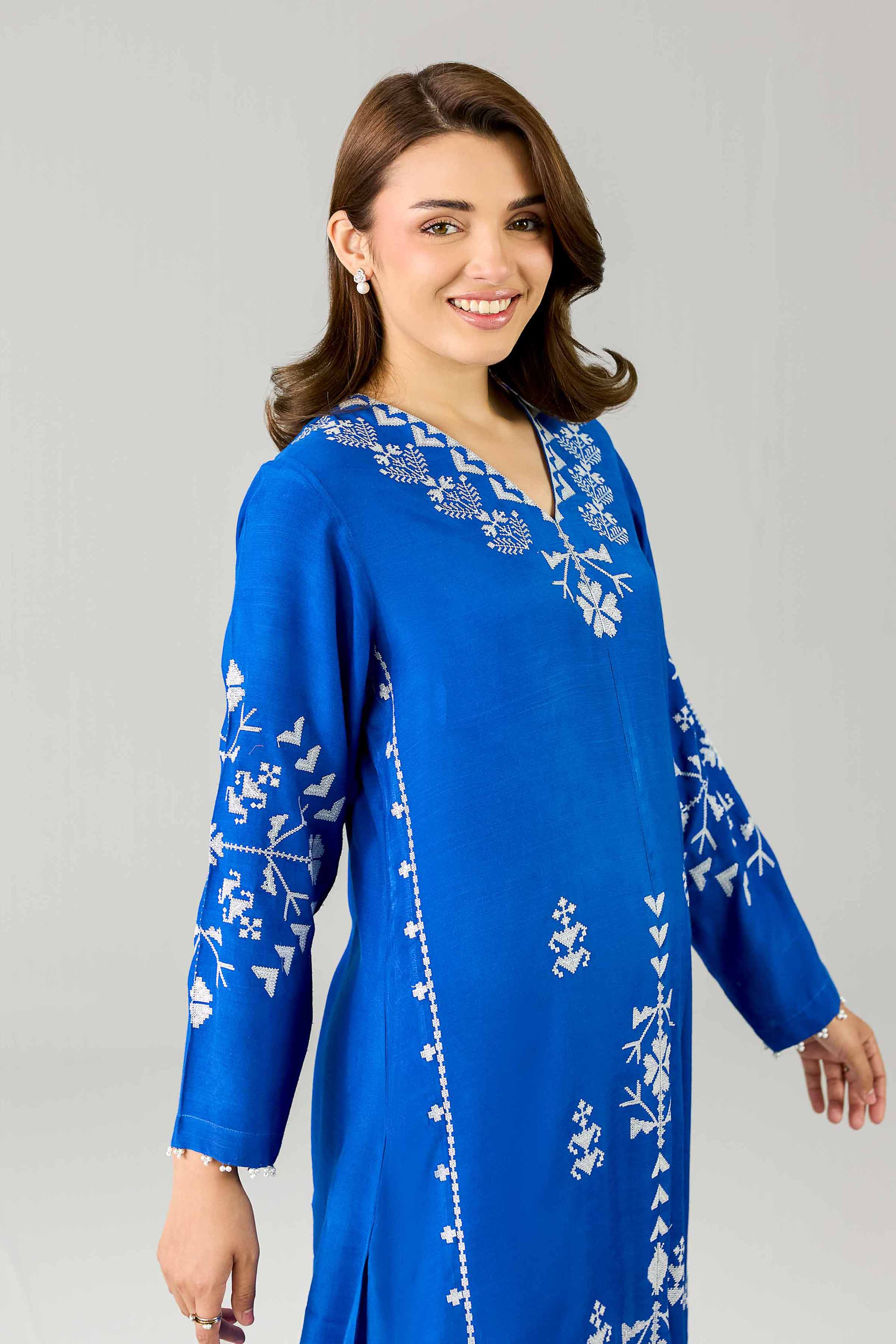 Nishat UK - Blue Embroidered Silk 1 Piece ready to wear Long Dress