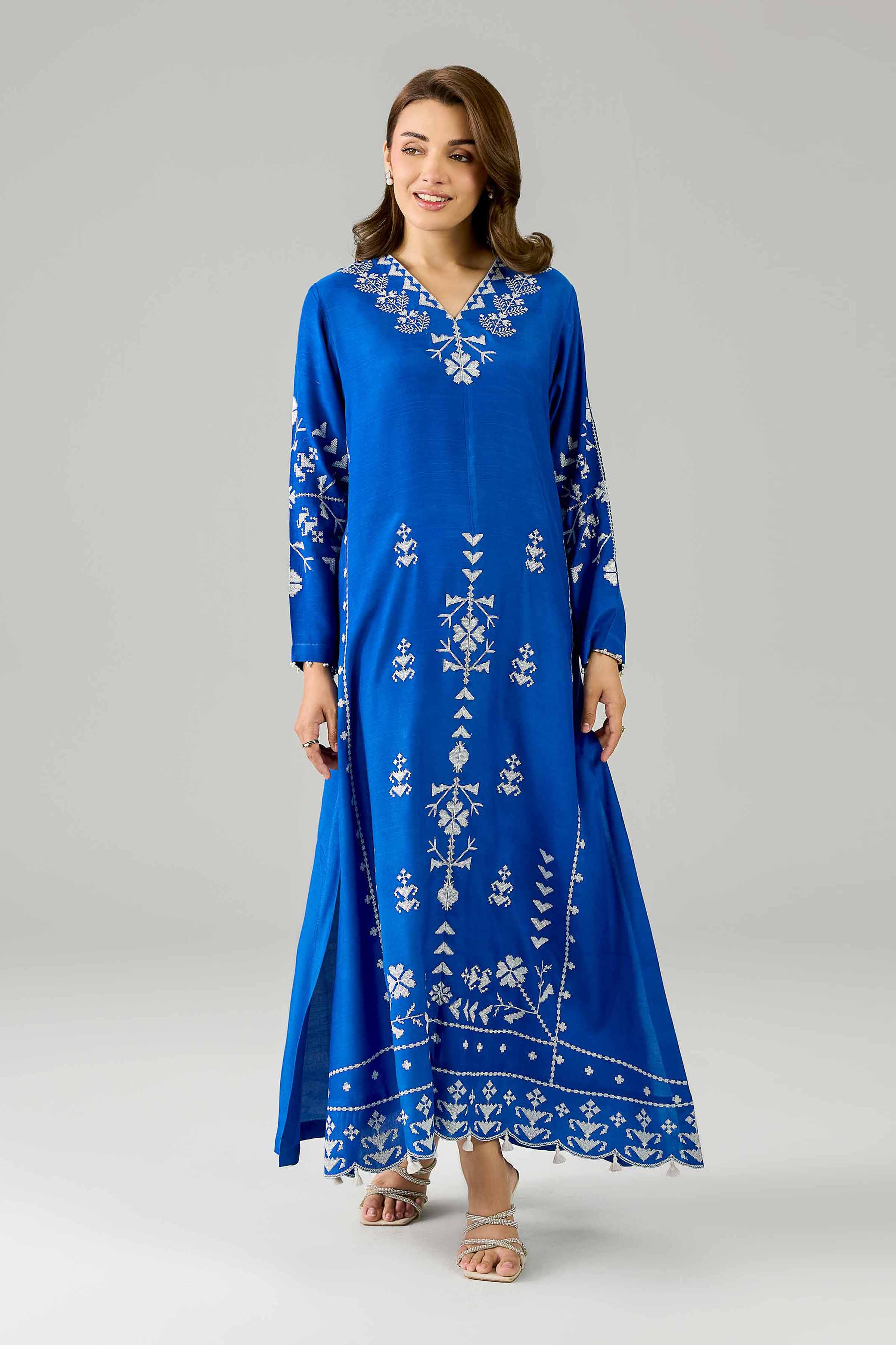 Nishat UK - Blue Embroidered Silk 1 Piece ready to wear Long Dress