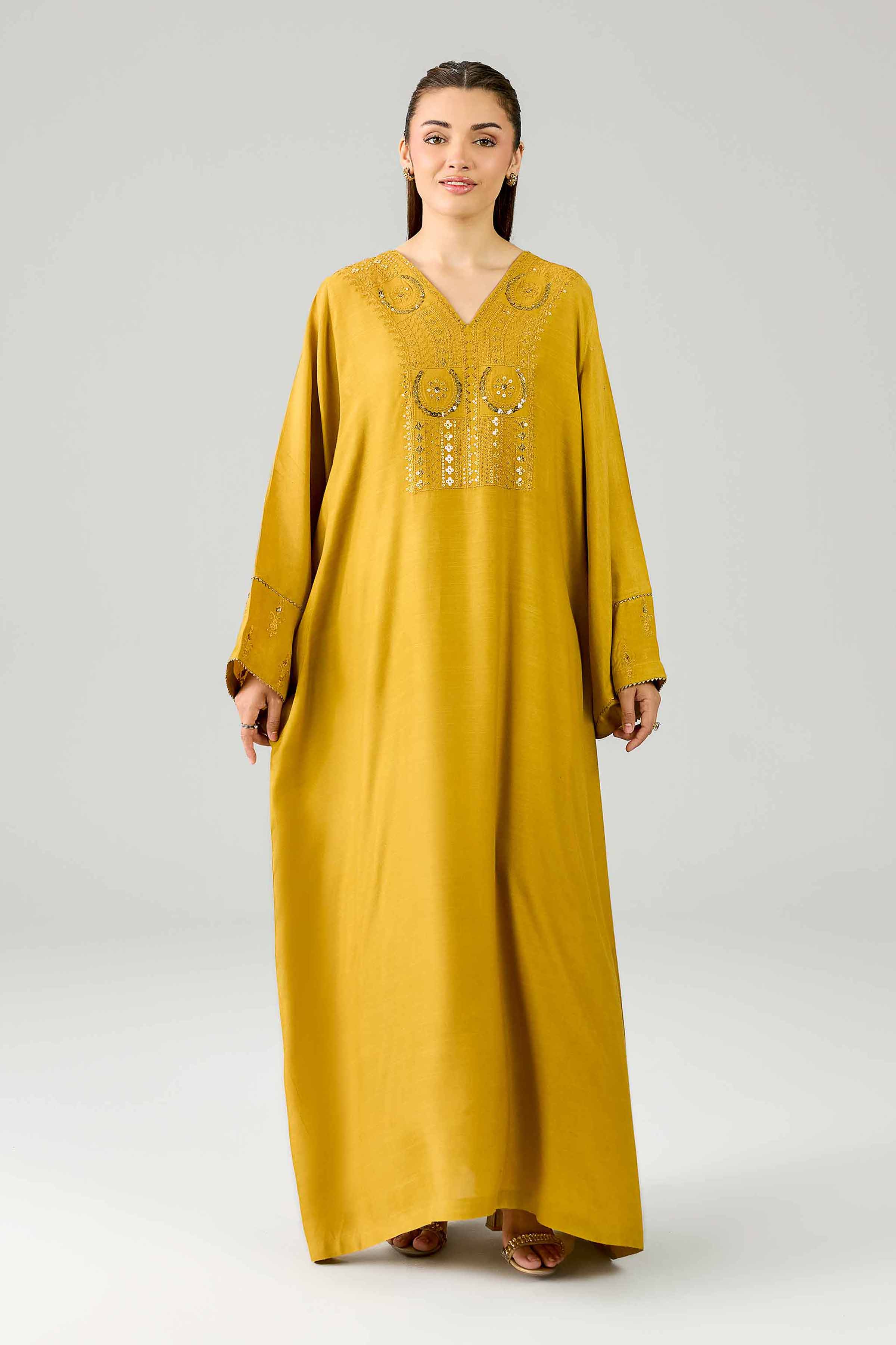 Nishat UK - Yellow Embroidered Silk 1 Piece ready to wear Long Dress