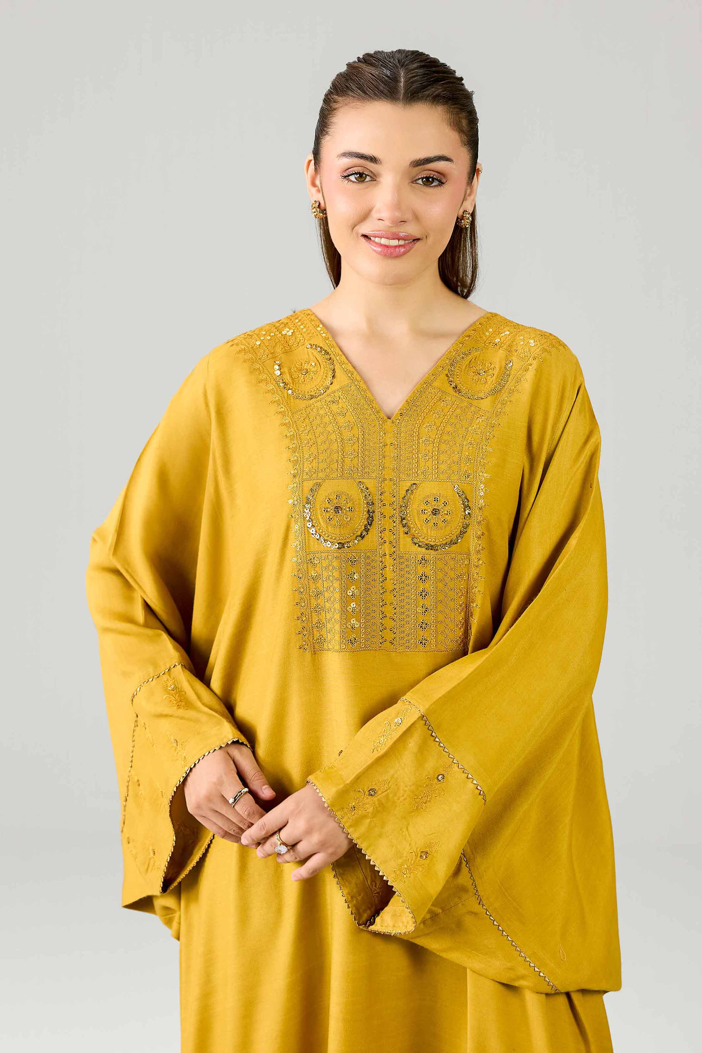 Nishat UK - Yellow Embroidered Silk 1 Piece ready to wear Long Dress