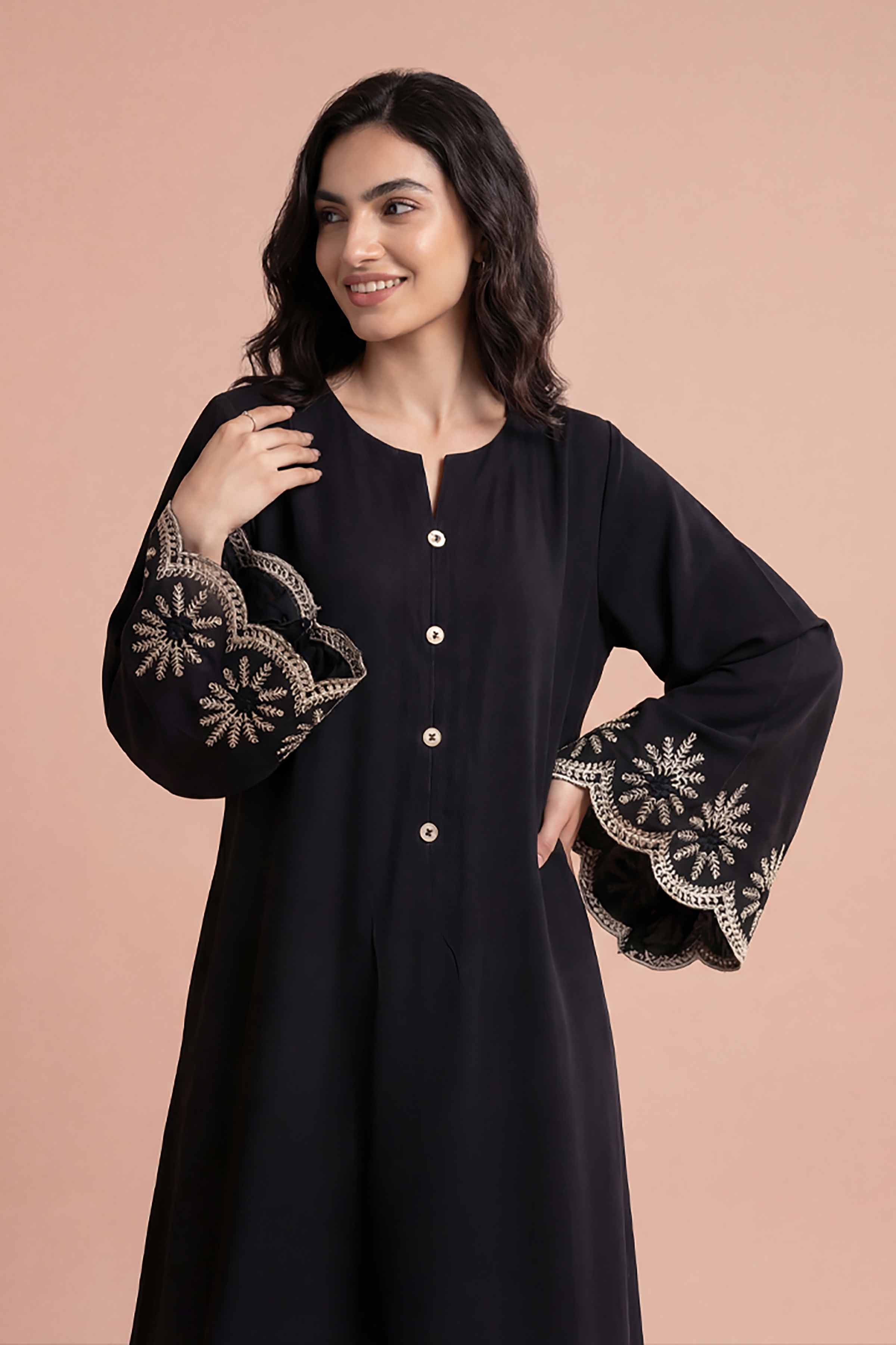 NishatUK - Black Embroidered Fine Crepe 1-piece ready to wear Dress