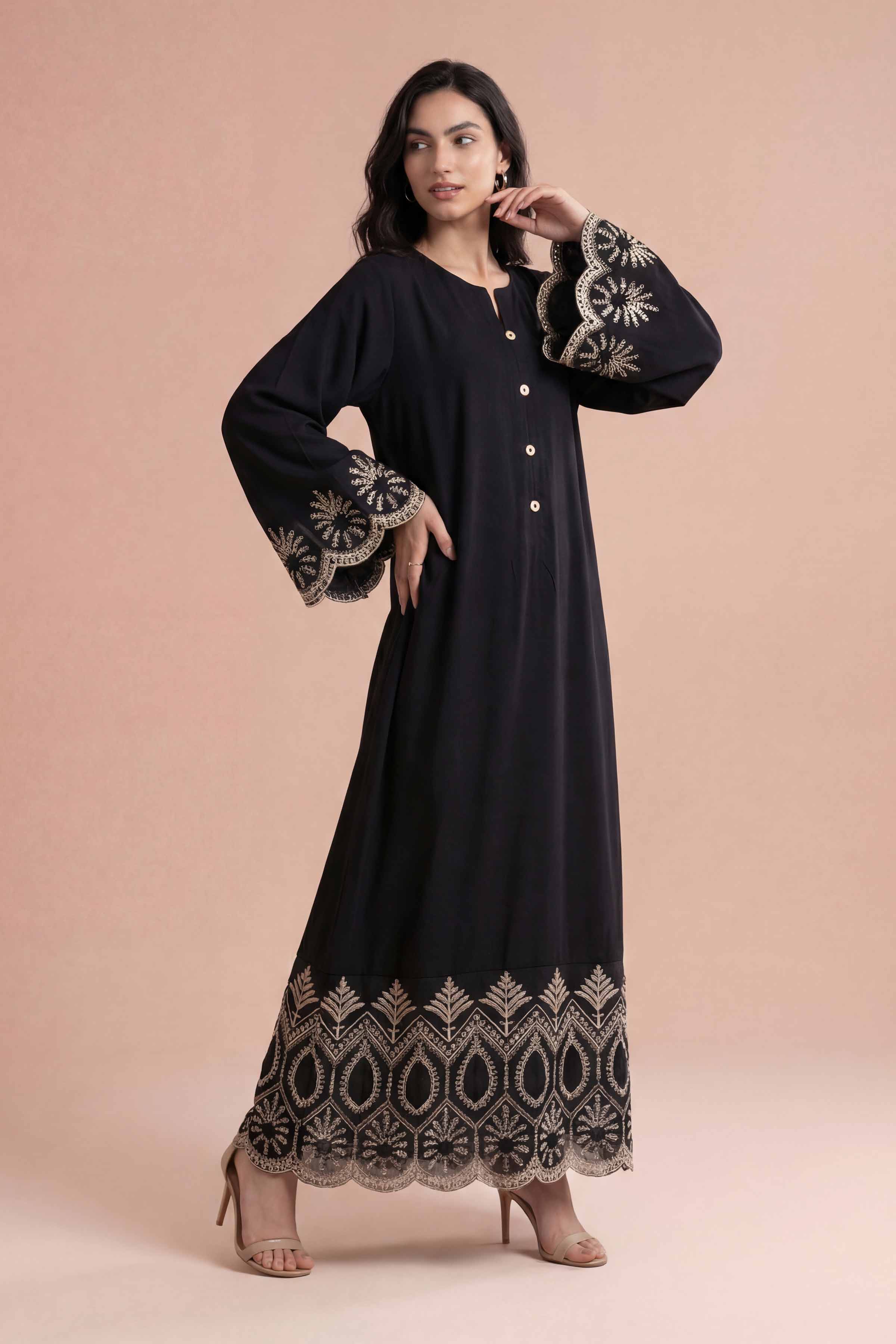 NishatUK - Black Embroidered Fine Crepe 1-piece ready to wear Dress