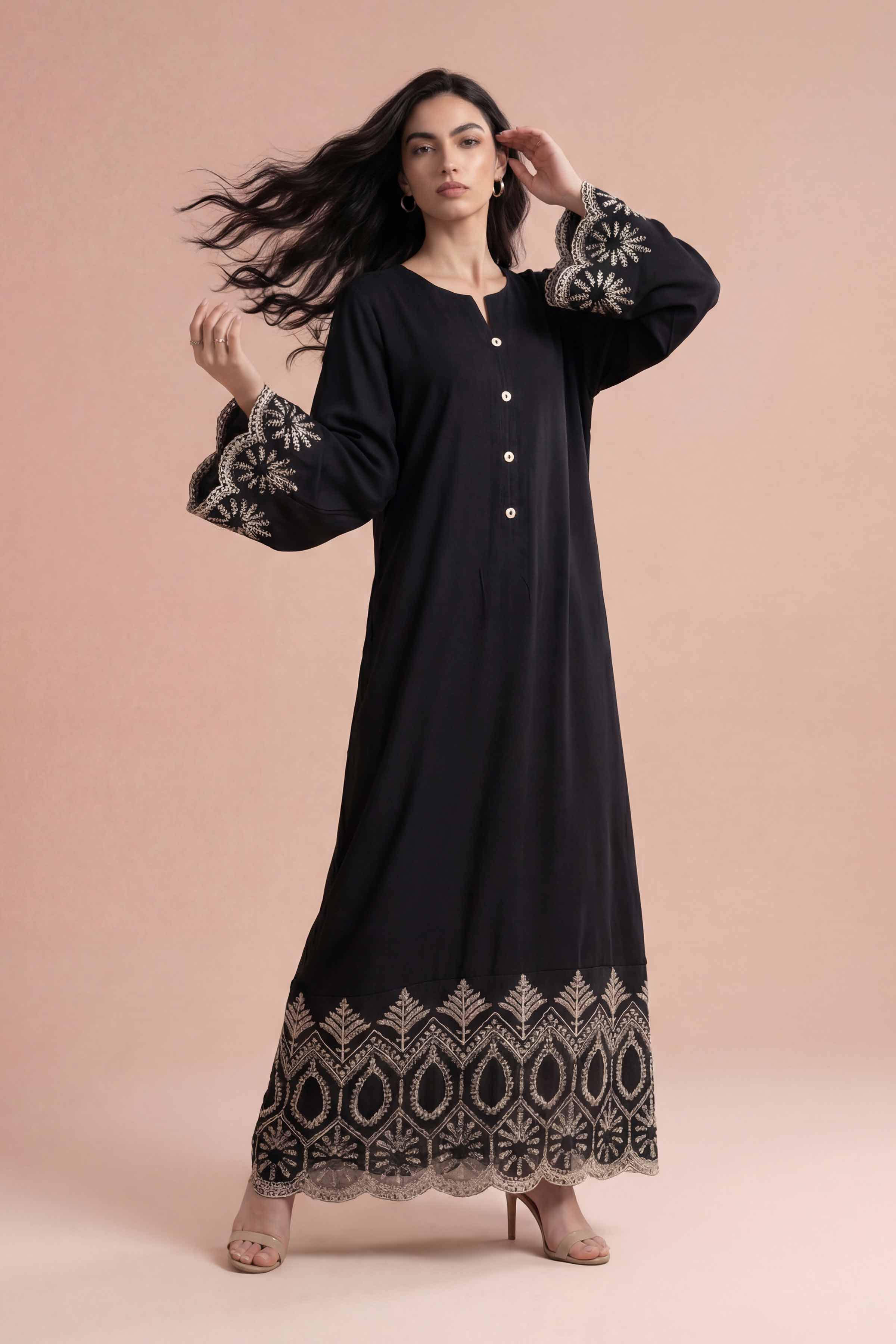 NishatUK - Black Embroidered Fine Crepe 1-piece ready to wear Dress