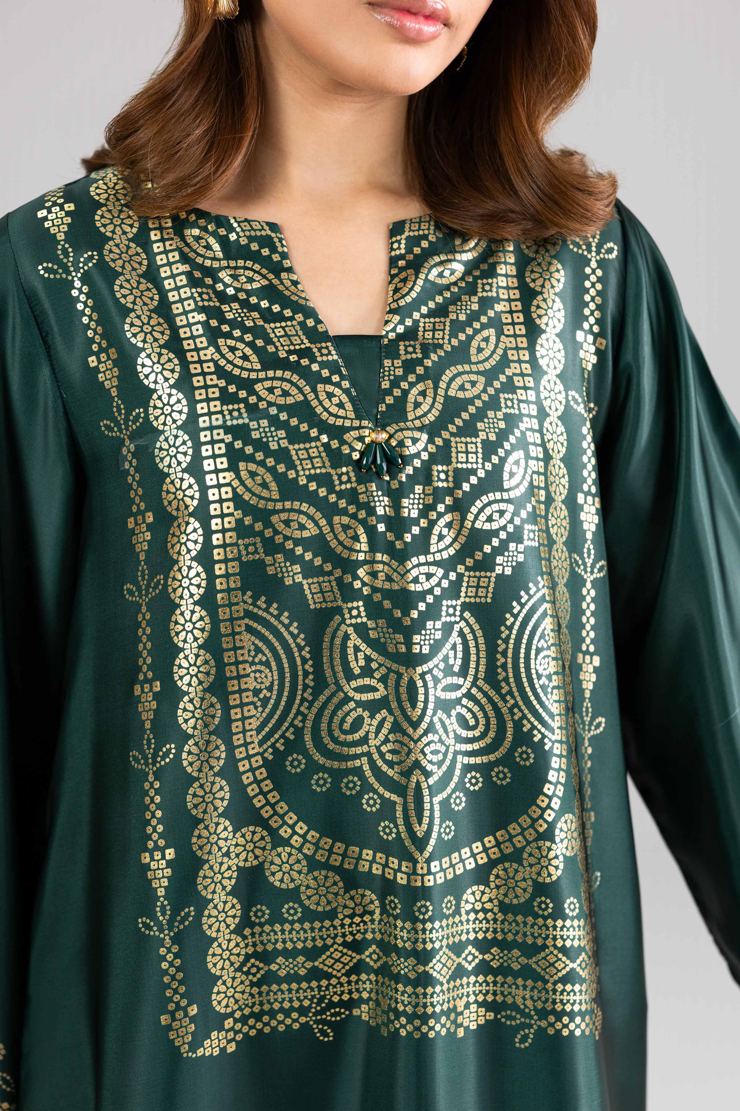 Nishat UK - Green Printed Silk 1-piece ready to wear long dress