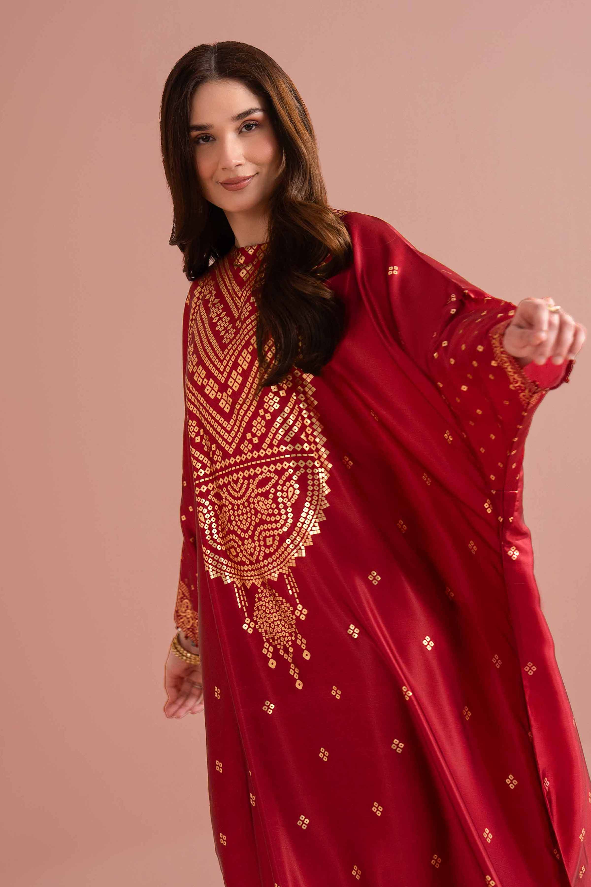 NishatUK - Red Printed Silk 1-piece ready to wear Dress
