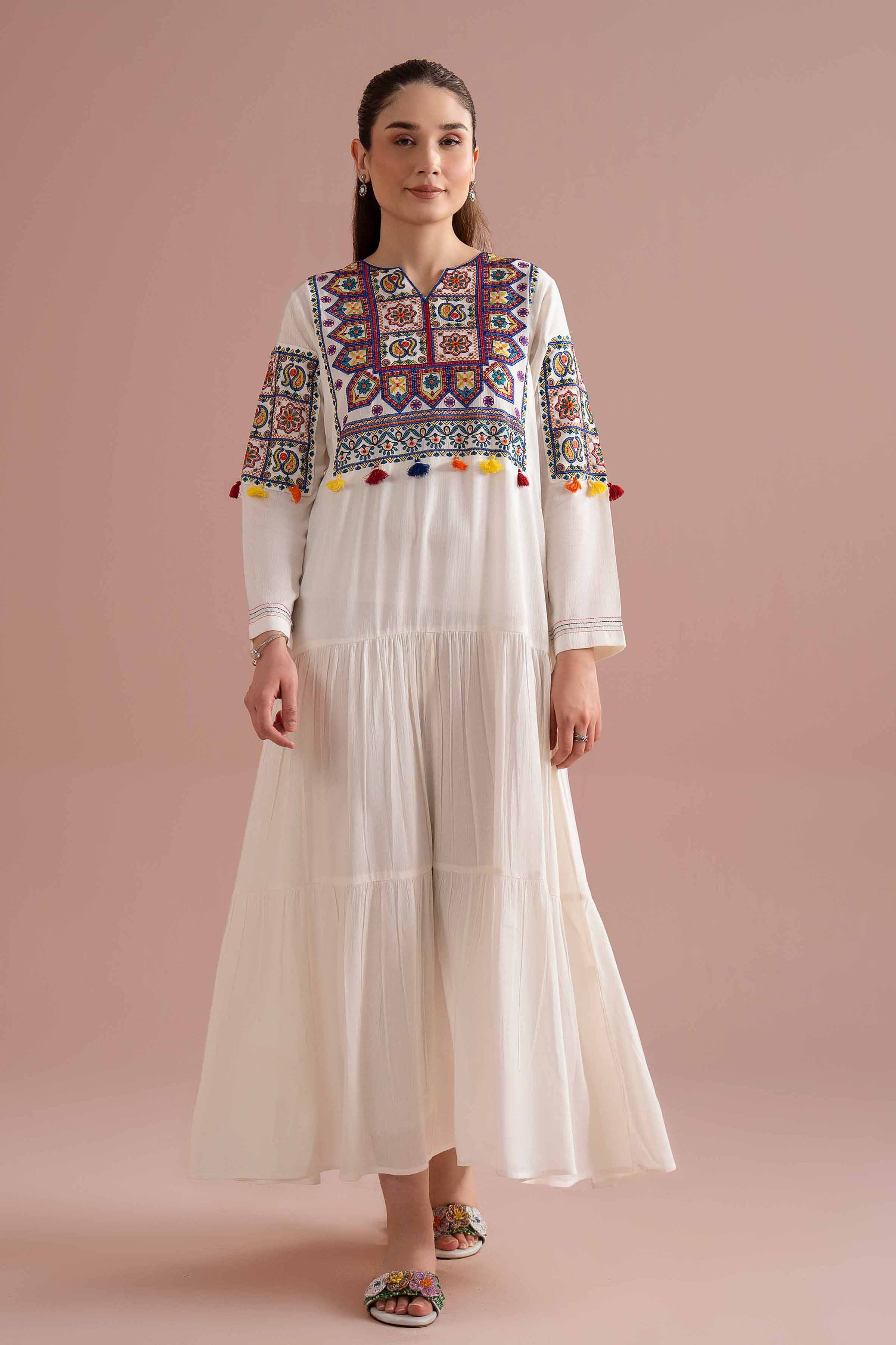 NishatUK - White Embroidered Silk 1-piece ready to wear long dress