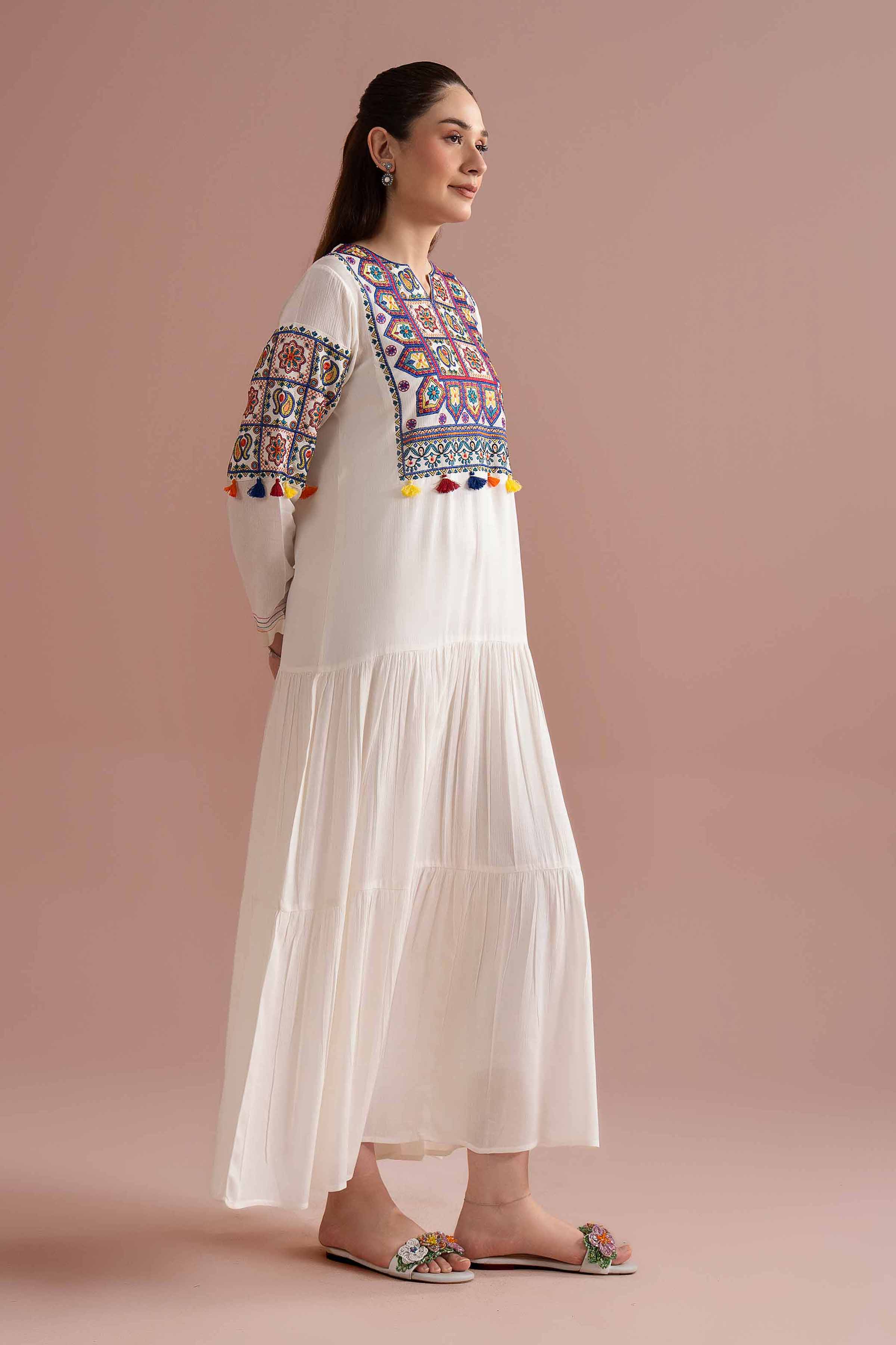 NishatUK - White Embroidered Silk 1-piece ready to wear long dress