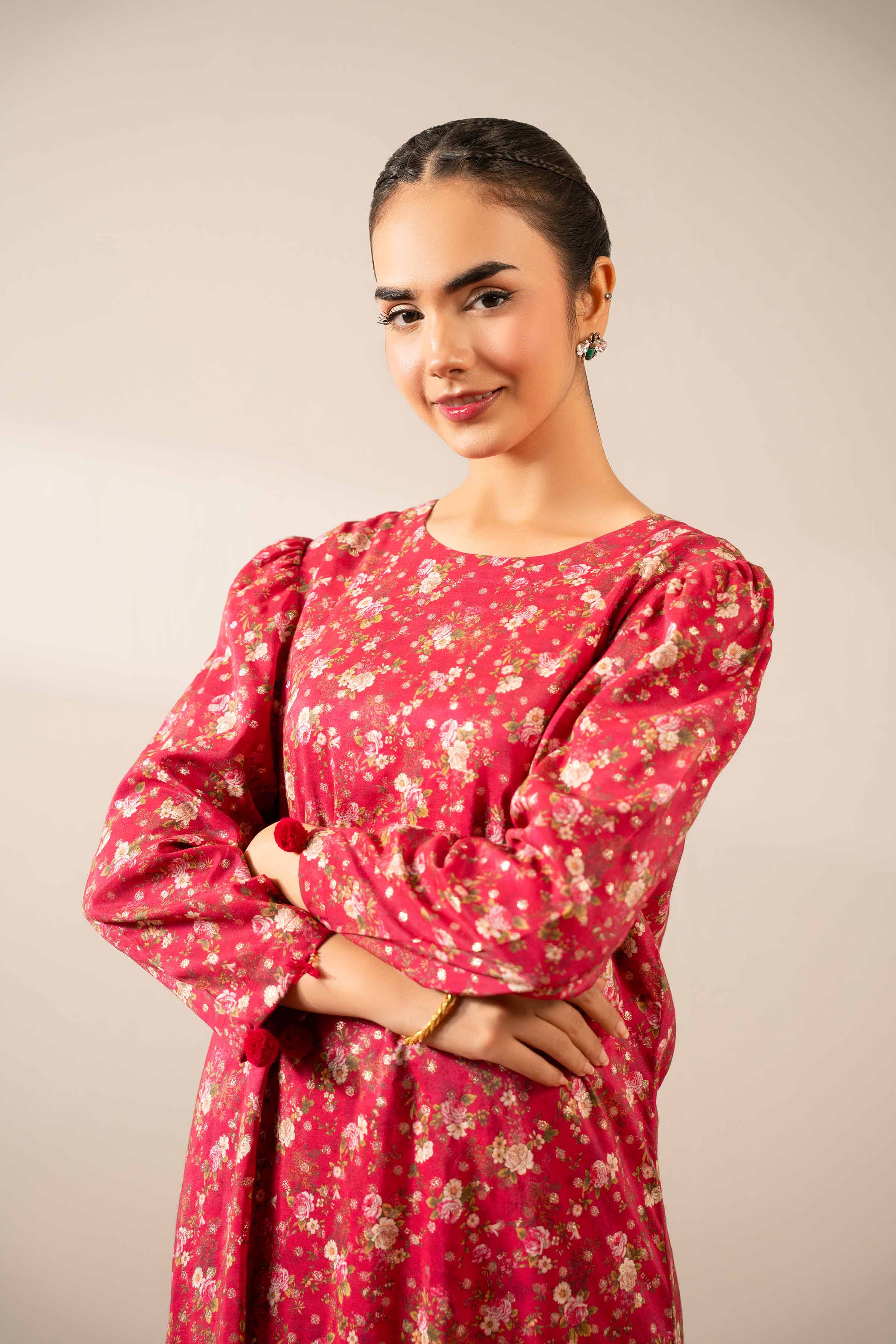 NishatUK - Shocking Pink Printed Monar Gold 1-piece ready to wear Fustan