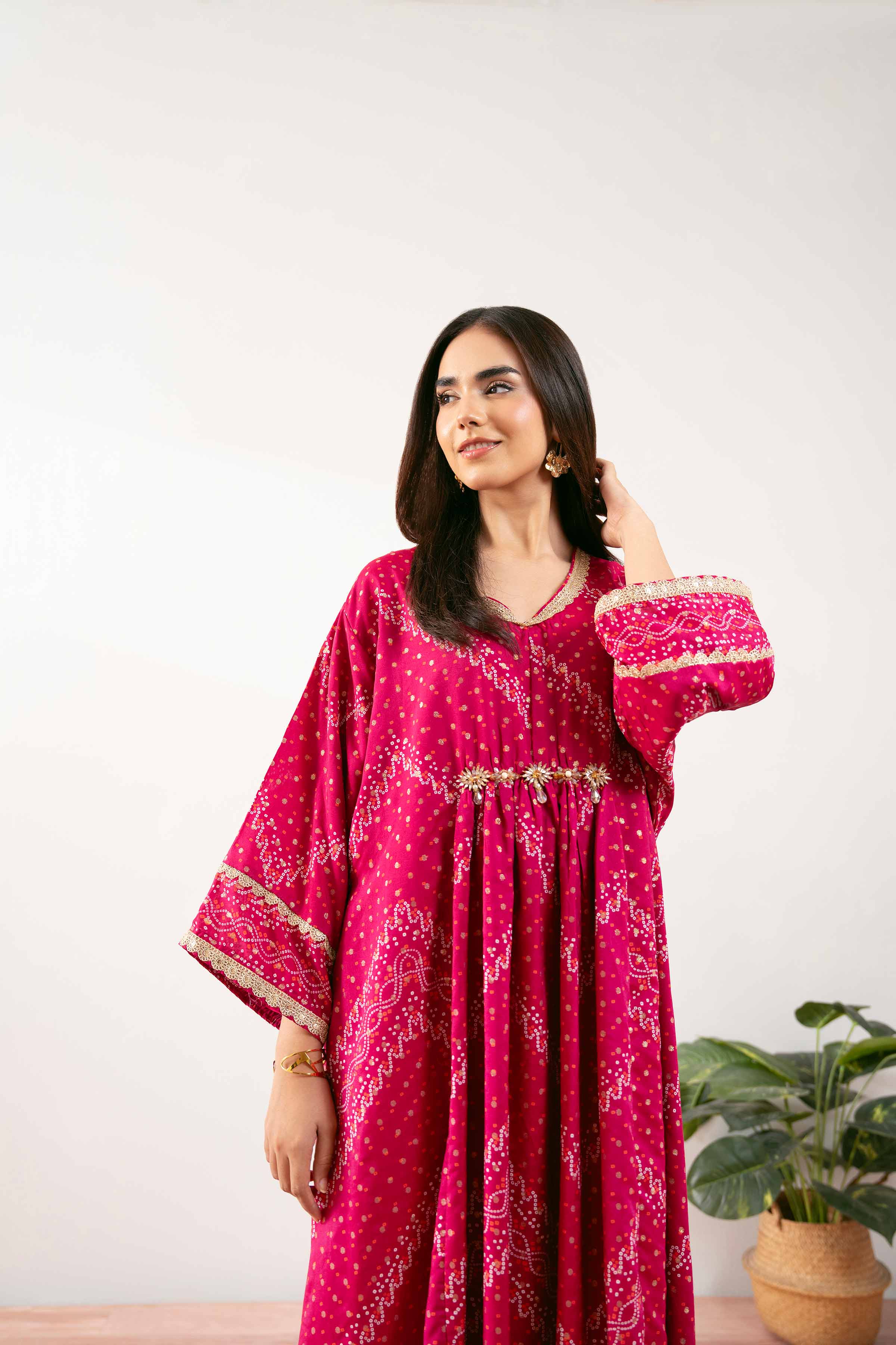 NishatUK - Shocking Pink Printed Monar Gold 1-piece ready to wear Long Dress