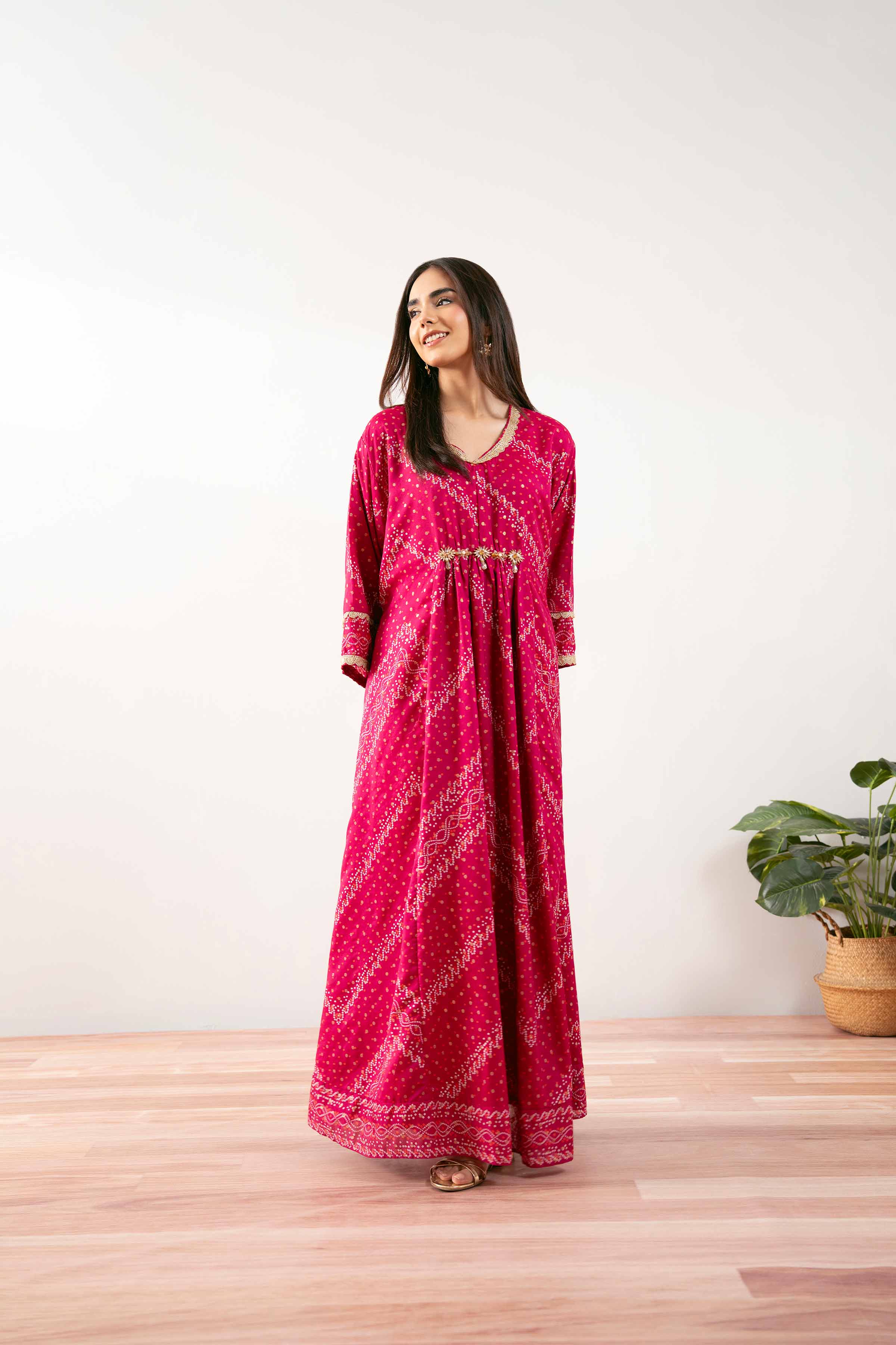 NishatUK - Shocking Pink Printed Monar Gold 1-piece ready to wear Long Dress