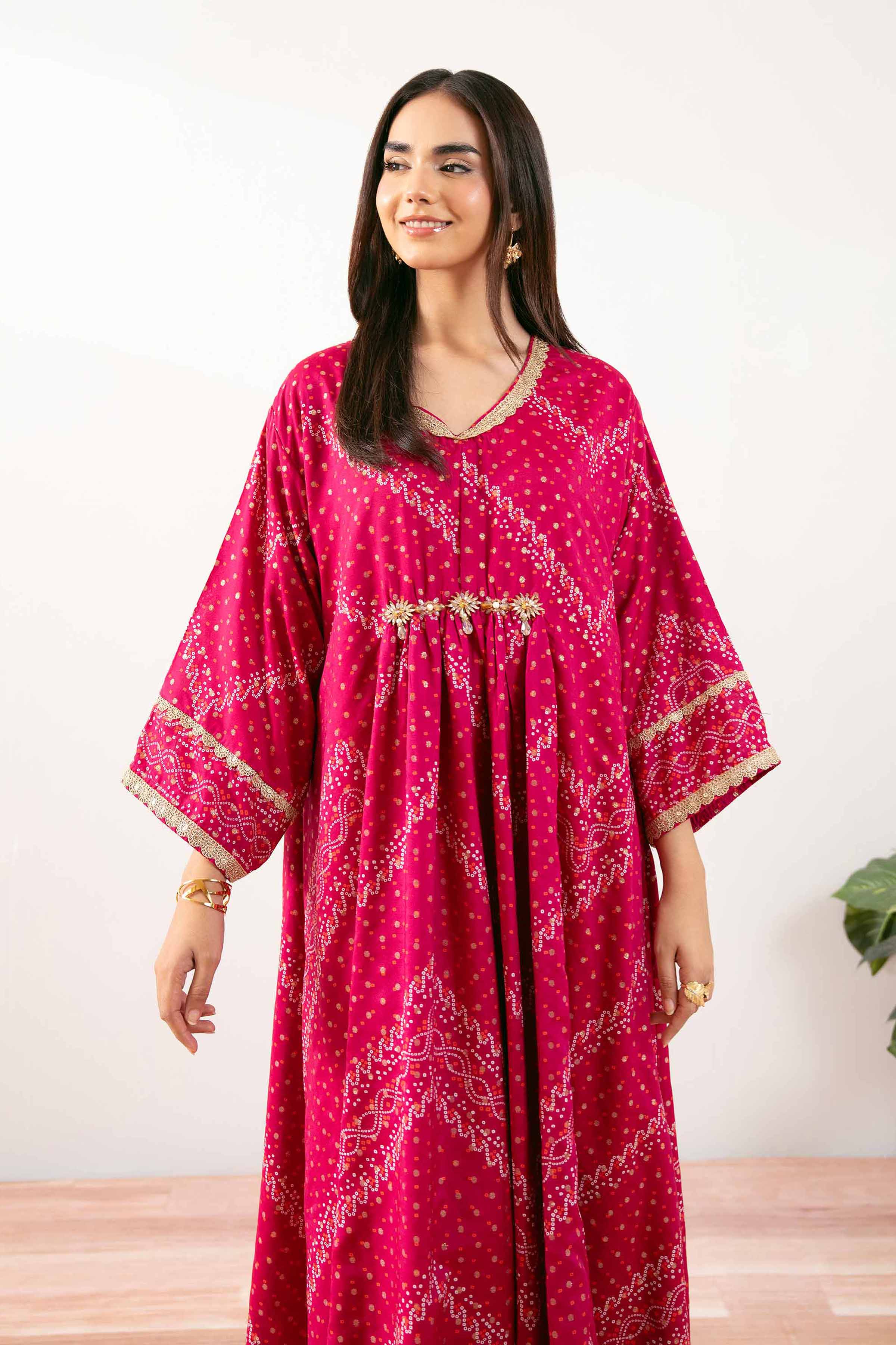 NishatUK - Shocking Pink Printed Monar Gold 1-piece ready to wear Long Dress