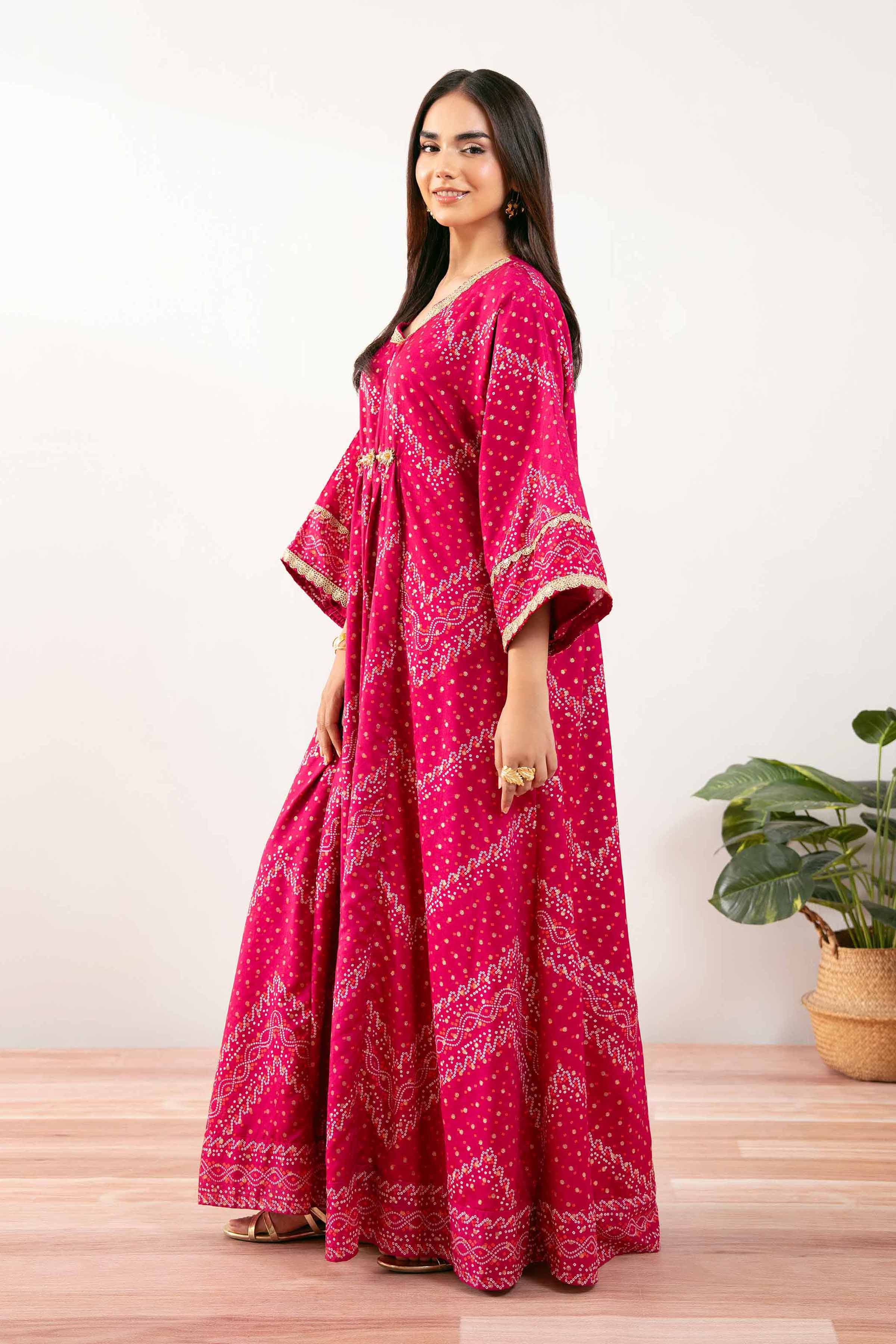 NishatUK - Shocking Pink Printed Monar Gold 1-piece ready to wear Long Dress