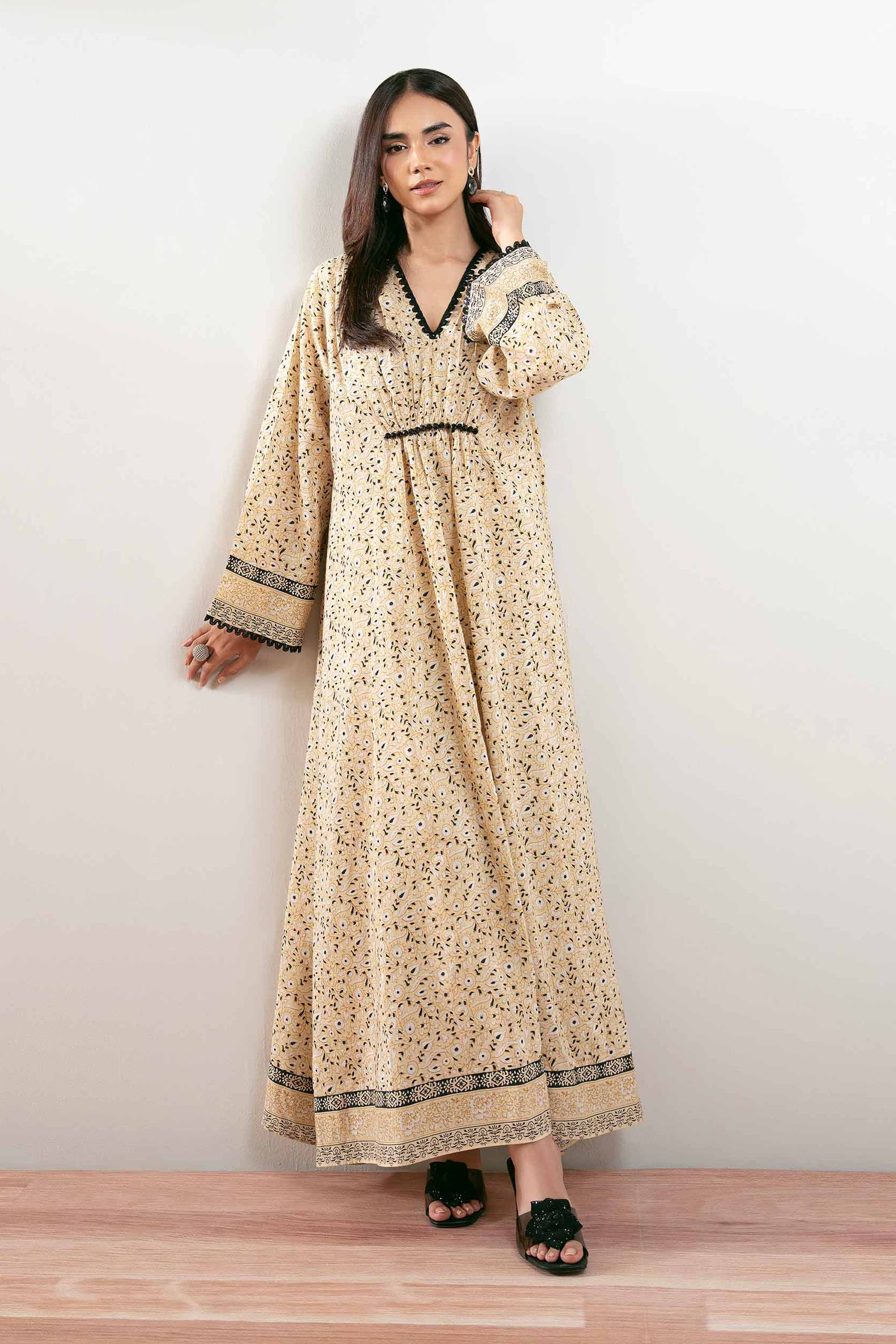NishatUK - Beige Printed Silk 1-piece ready to wear Long Dress