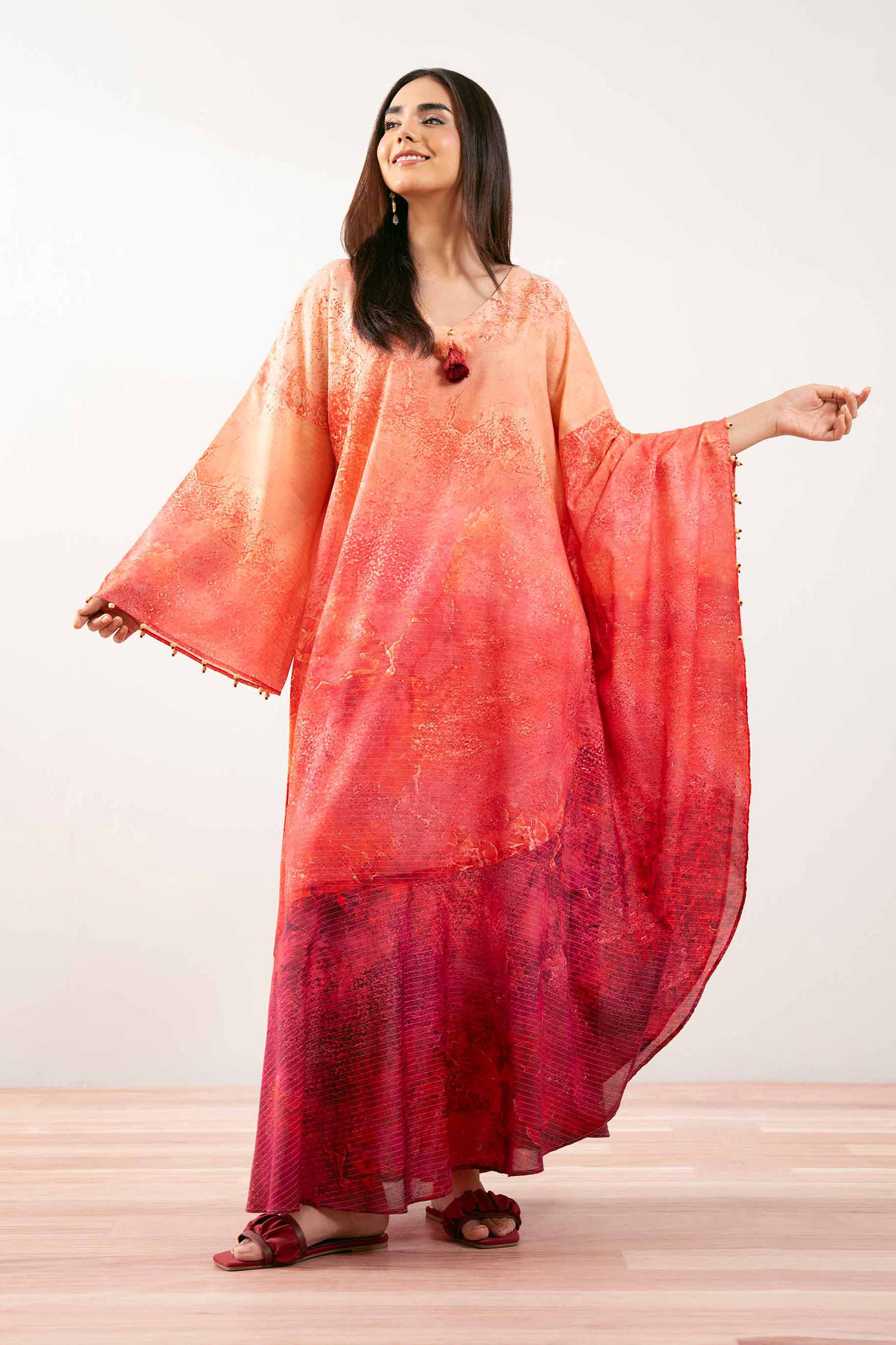 NishatUK - Peach Printed Lawn 1-piece ready to wear Kaftan