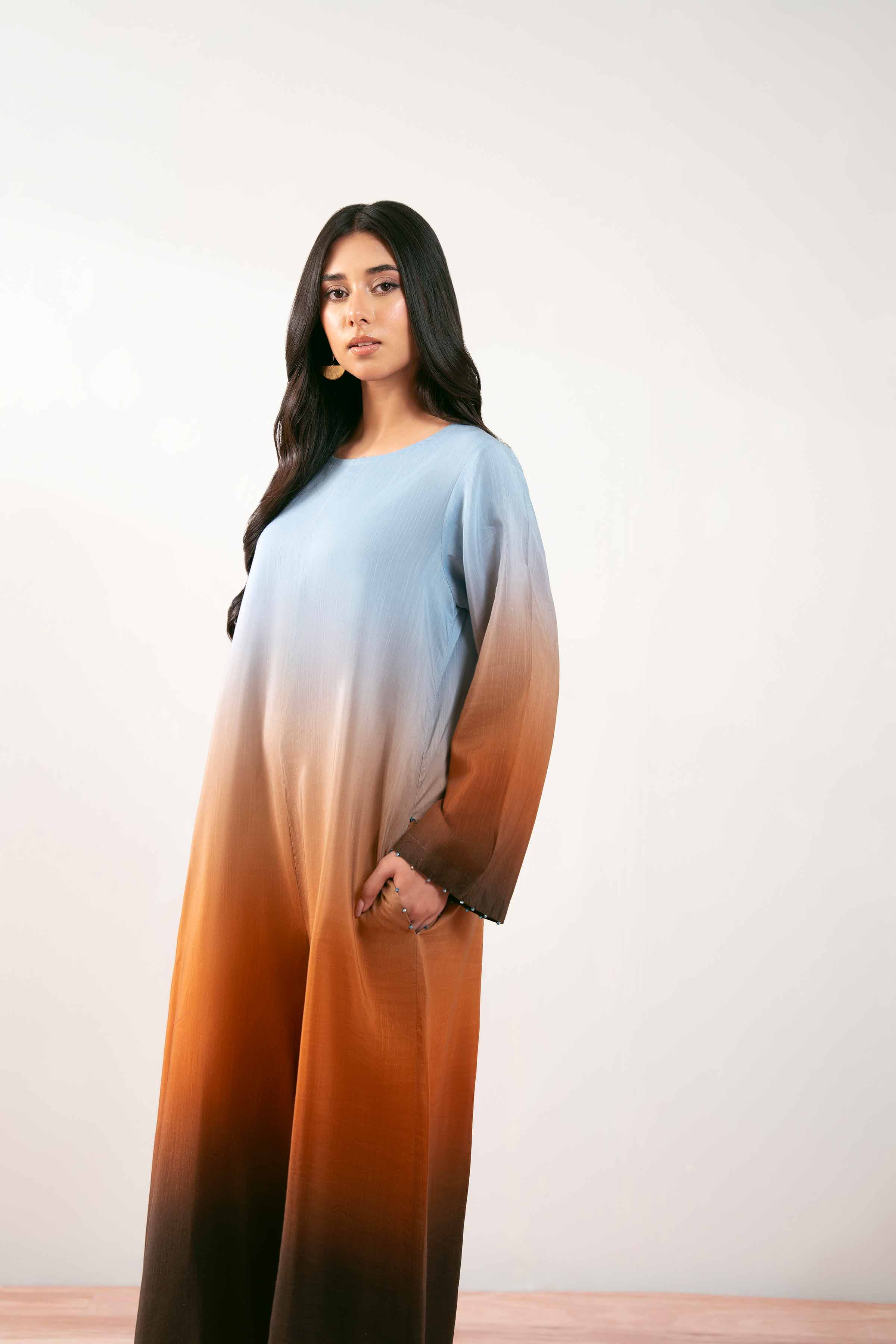 NishatUK - Blue Printed Silk 1-piece ready to wear Long Dress