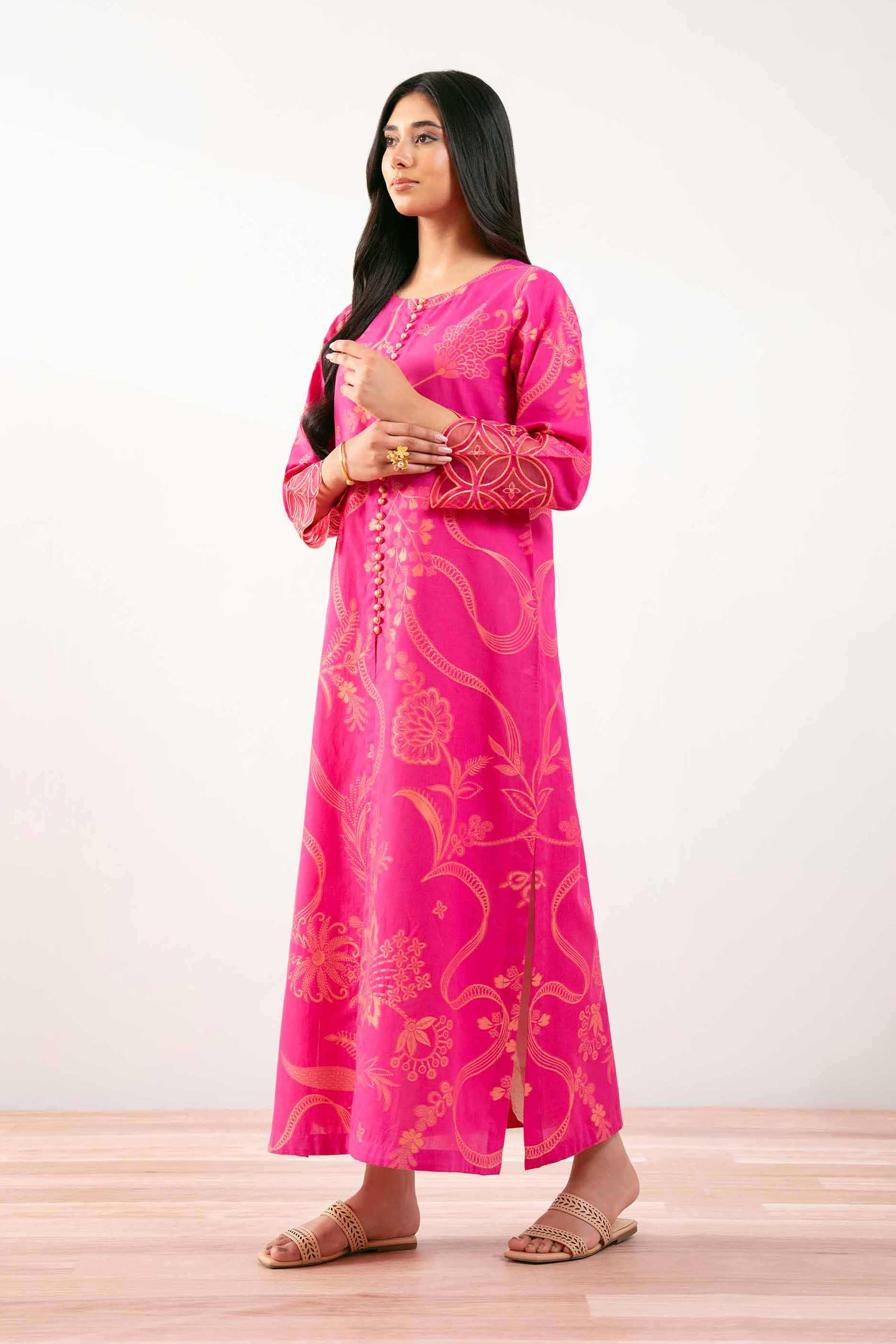 NishatUK - Shocking Pink Embroidered Jacquard 1-piece ready to wear Long Dress
