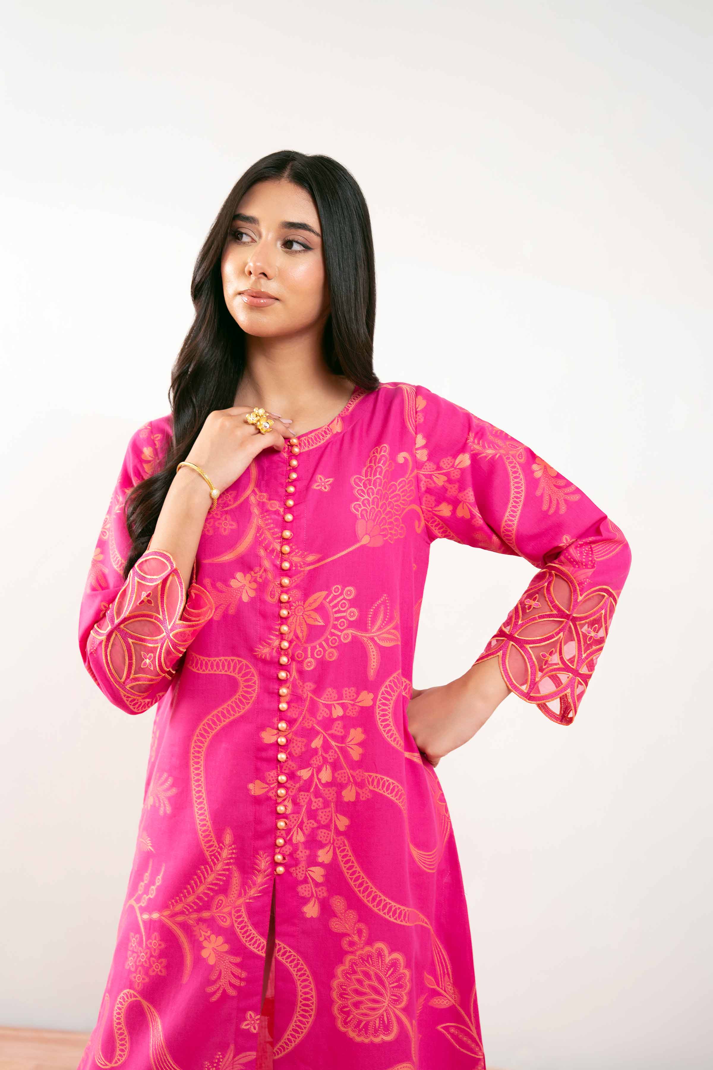 NishatUK - Shocking Pink Embroidered Jacquard 1-piece ready to wear Long Dress