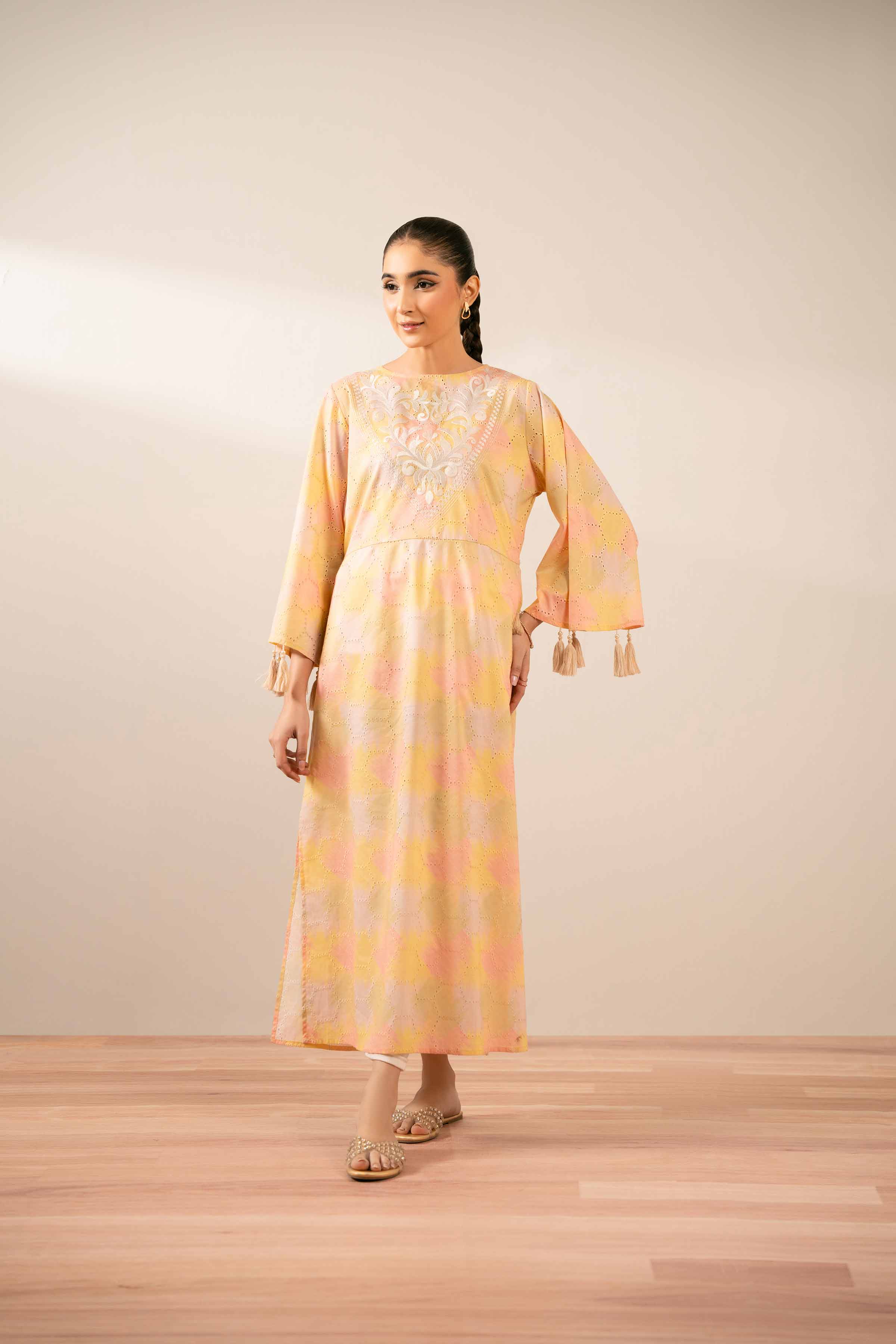 NishatUK - Pastel Embroidered Chicken Kari 1-piece ready to wear Long Dress