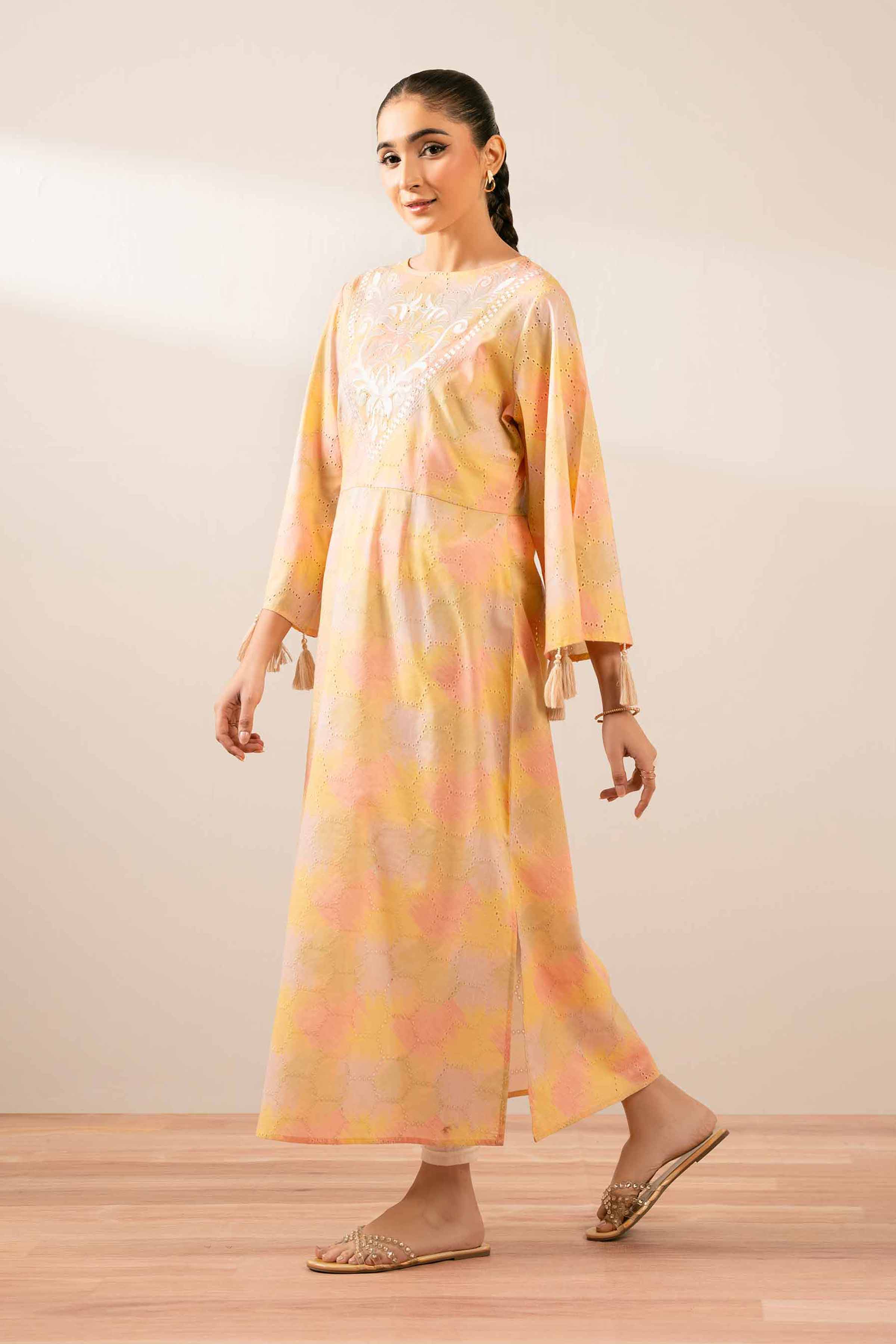 NishatUK - Pastel Embroidered Chicken Kari 1-piece ready to wear Long Dress
