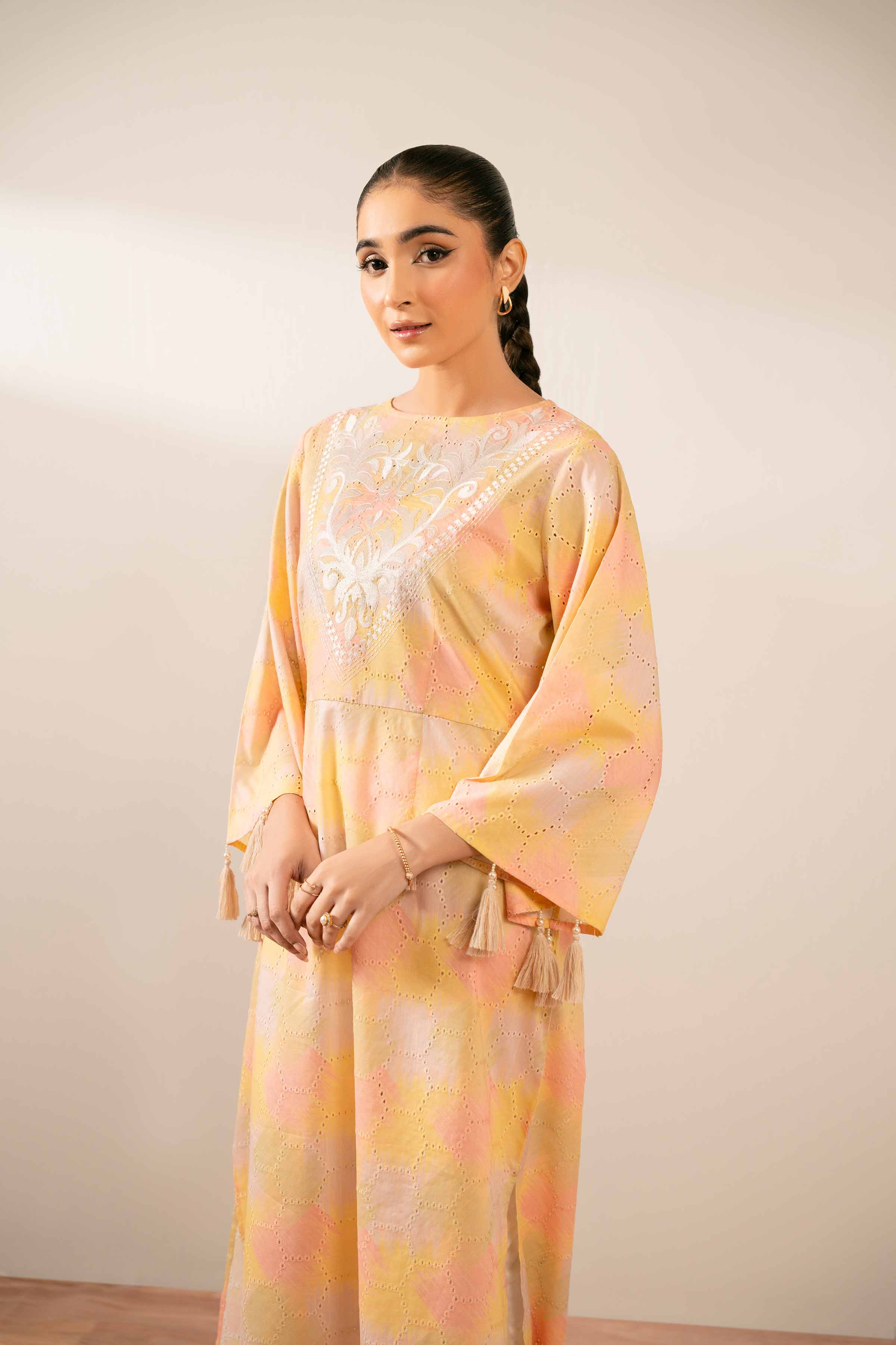 NishatUK - Pastel Embroidered Chicken Kari 1-piece ready to wear Long Dress
