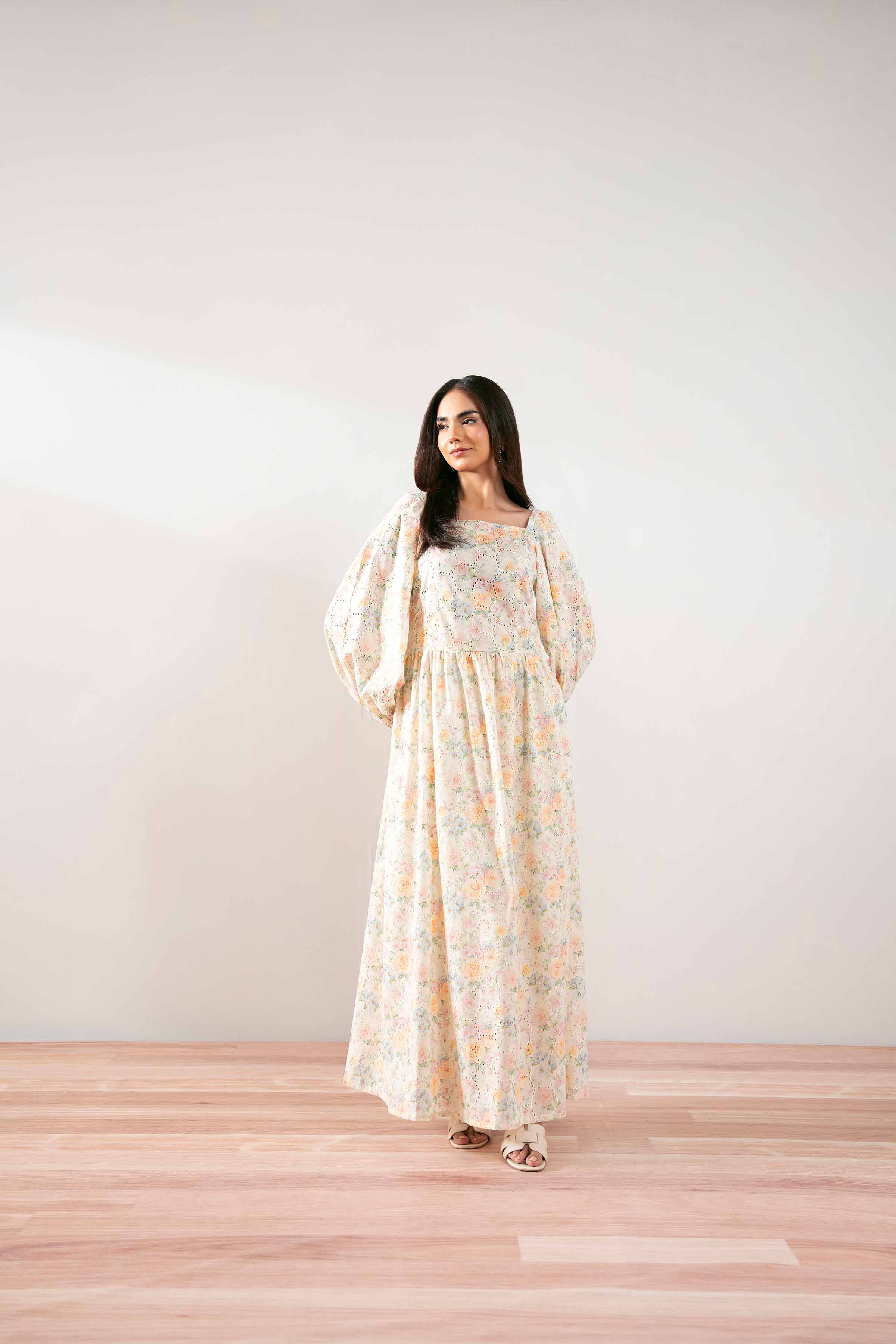 NishatUK - Off White Printed Chicken Kari 1-piece ready to wear Long Dress