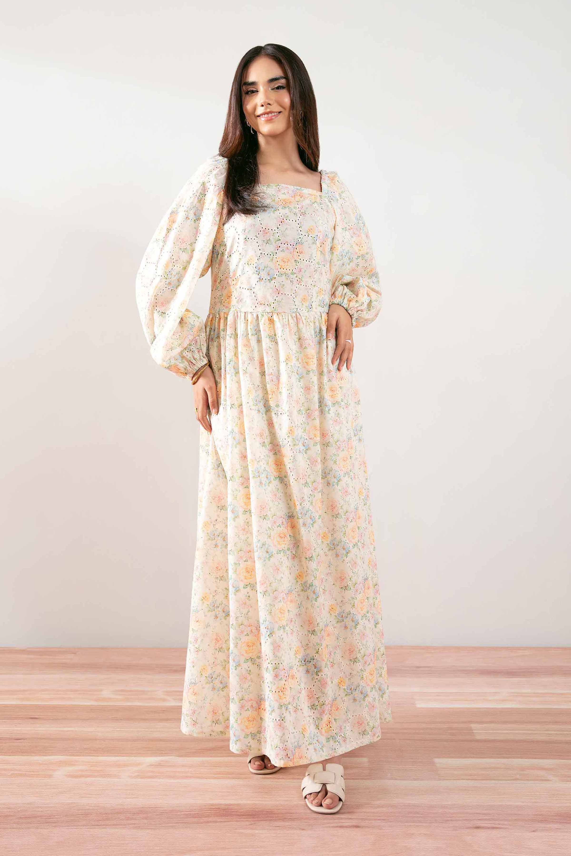 NishatUK - Off White Printed Chicken Kari 1-piece ready to wear Long Dress