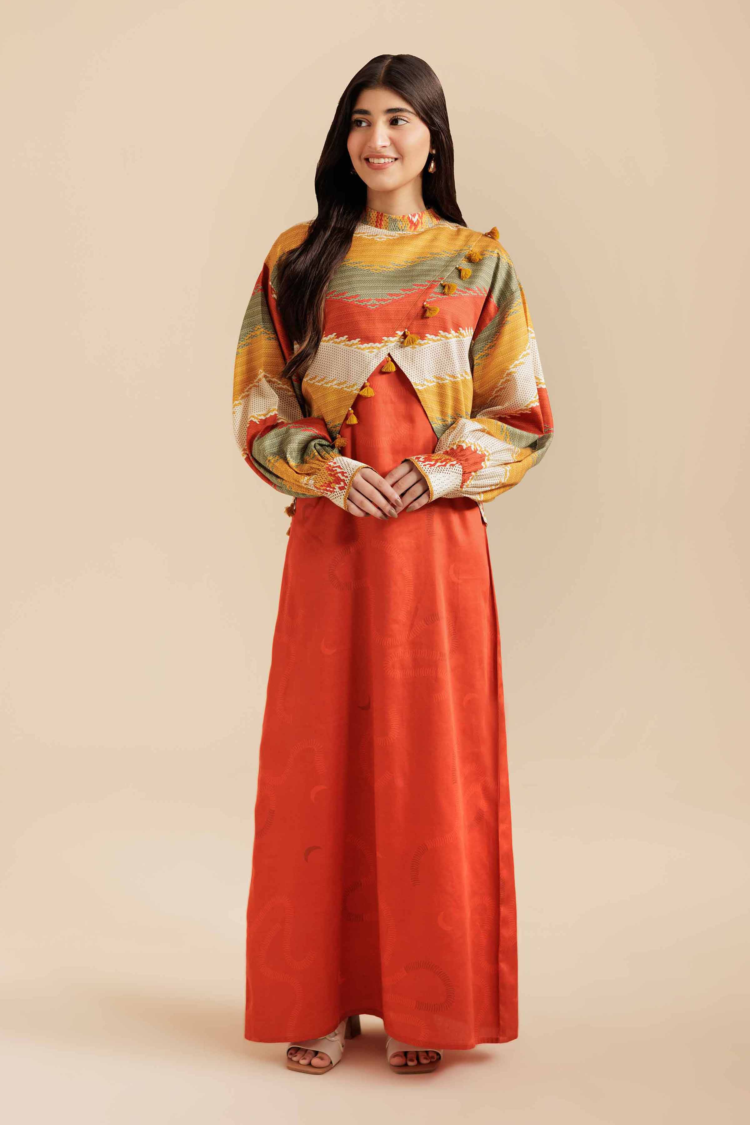 NishatUK - Rust Printed Satin 2-piece ready to wear Fustan