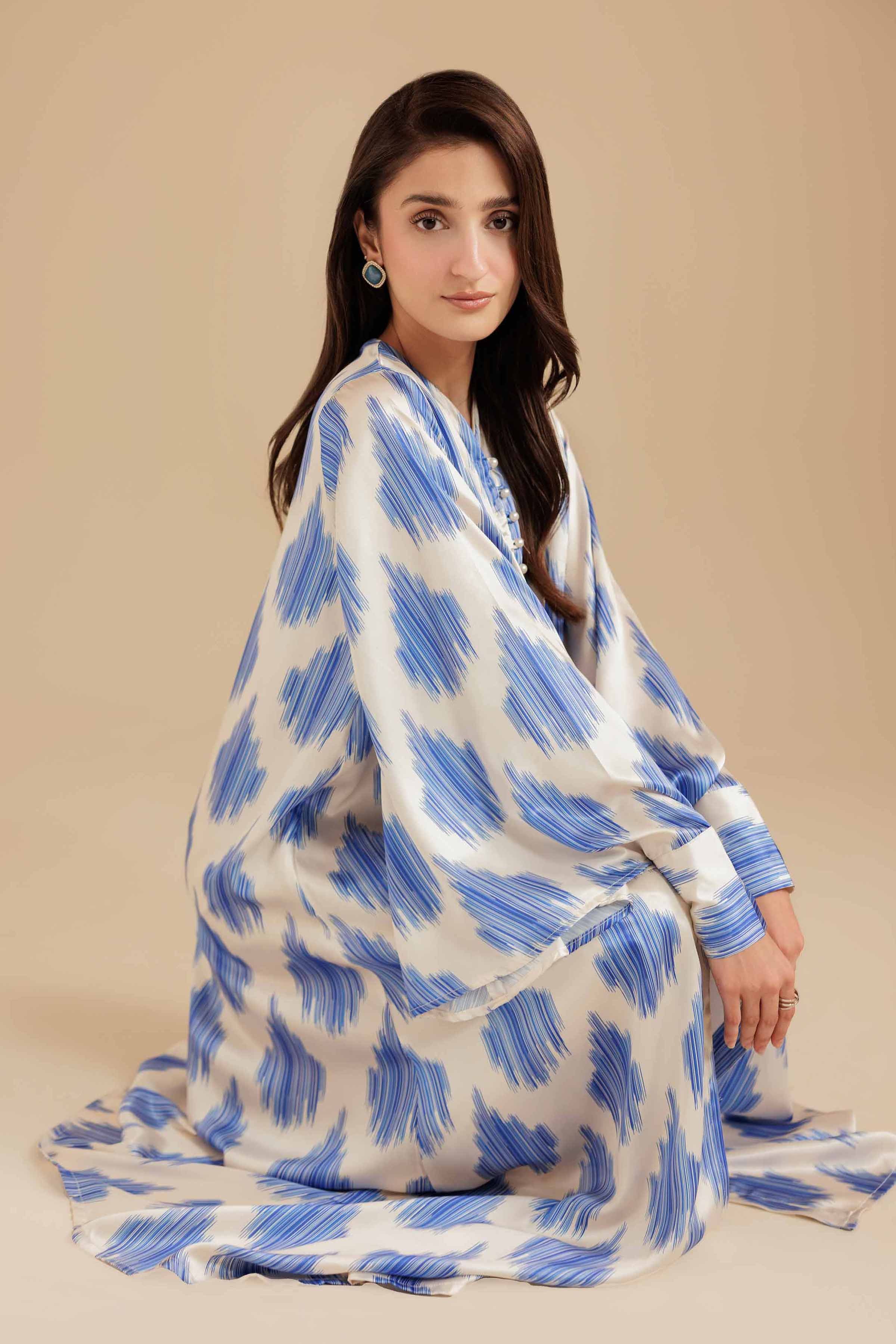 NishatUK - Blue & White Silk 1-piece ready to wear Long Dress