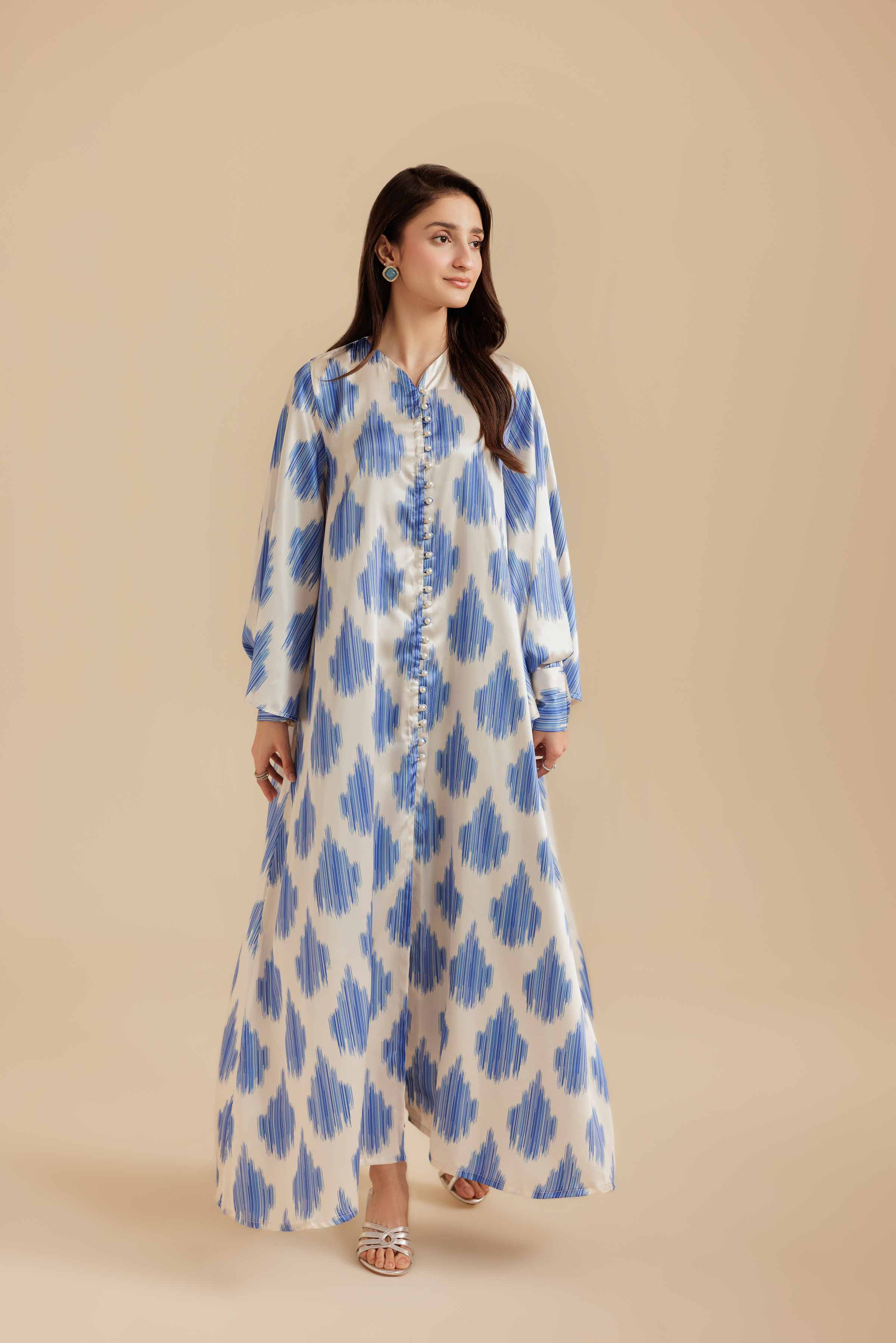 NishatUK - Blue & White Silk 1-piece ready to wear Long Dress