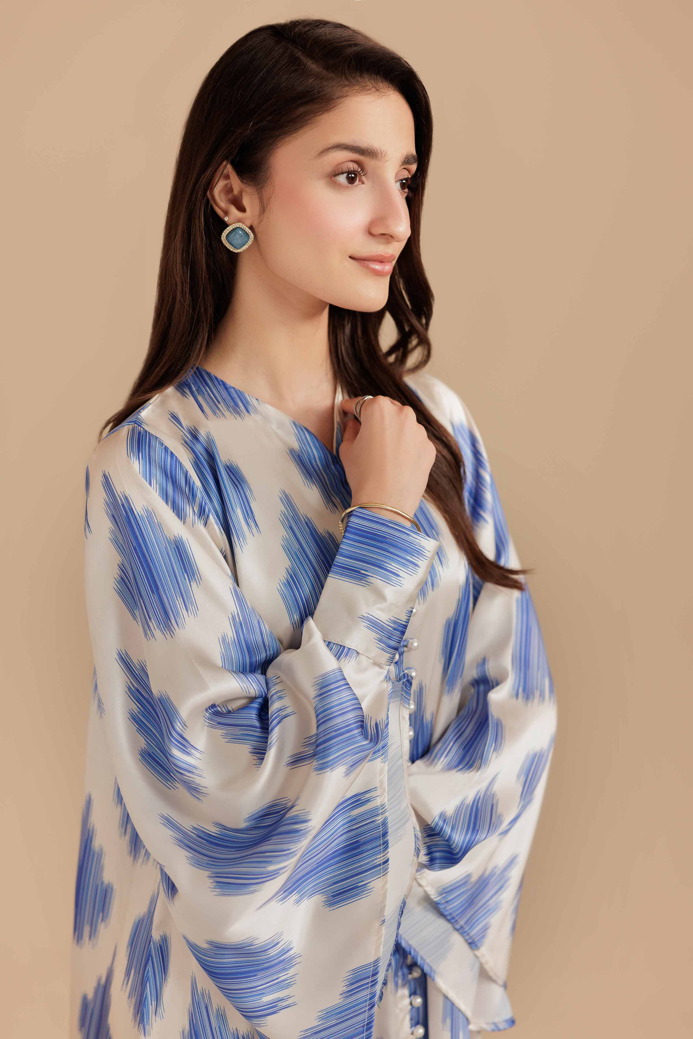 NishatUK - Blue & White Silk 1-piece ready to wear Long Dress