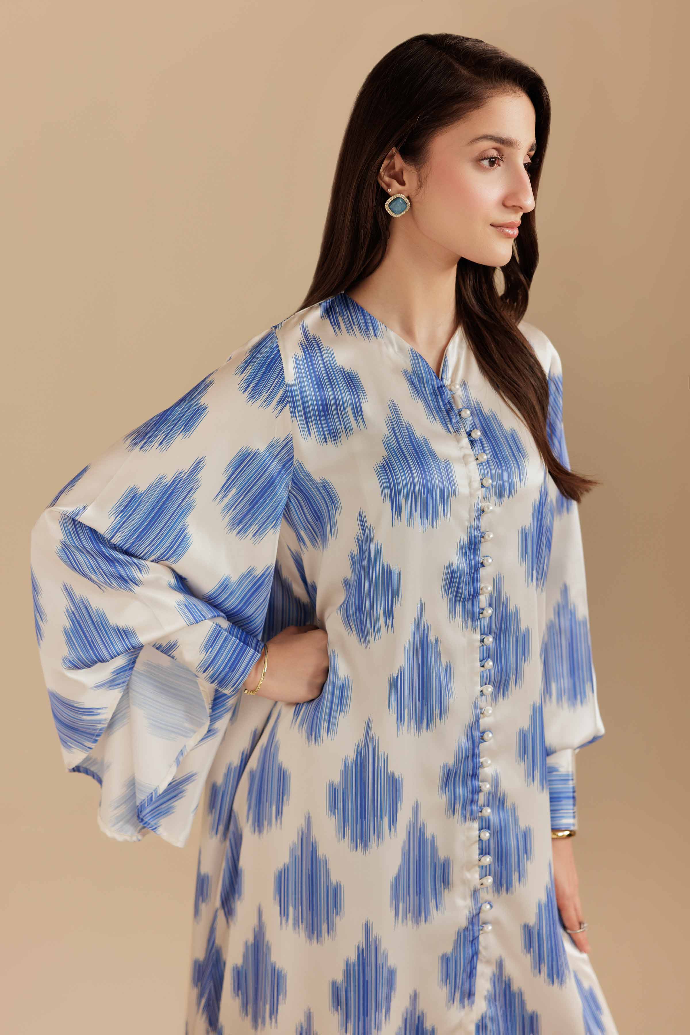 NishatUK - Blue & White Silk 1-piece ready to wear Long Dress