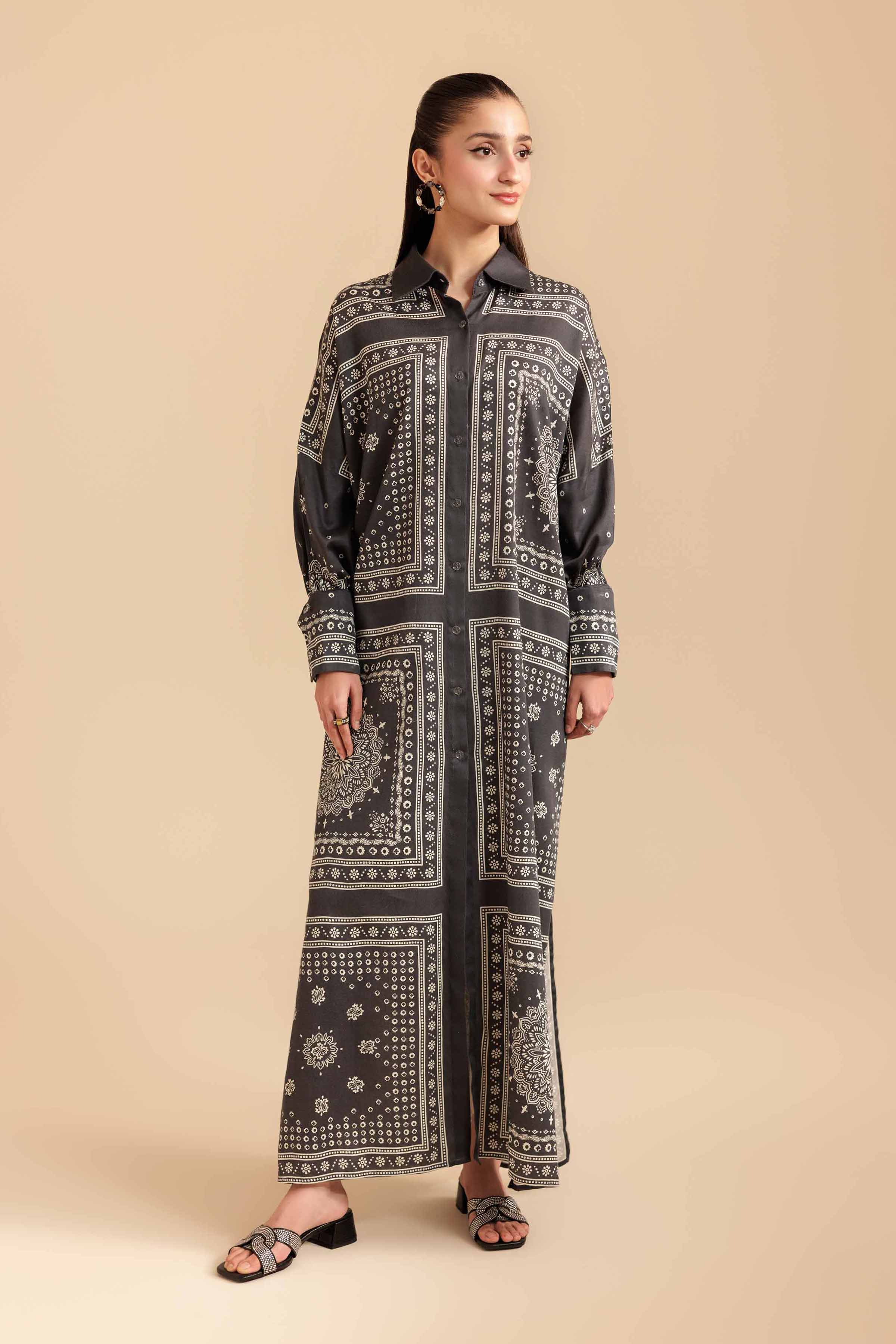 NishatUK - Grey Printed Satin 1-piece ready to wear Long Dress