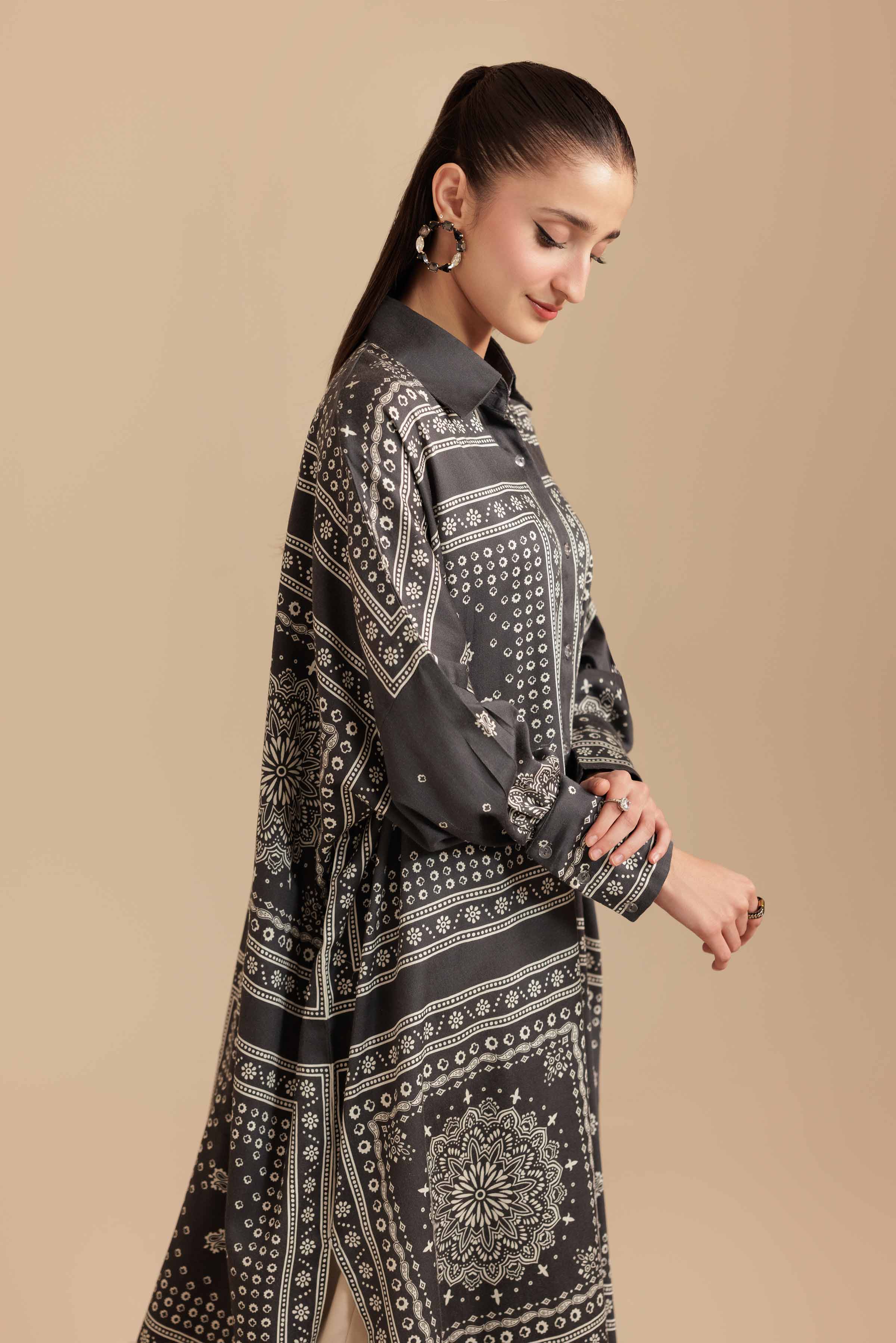 NishatUK - Grey Printed Satin 1-piece ready to wear Long Dress