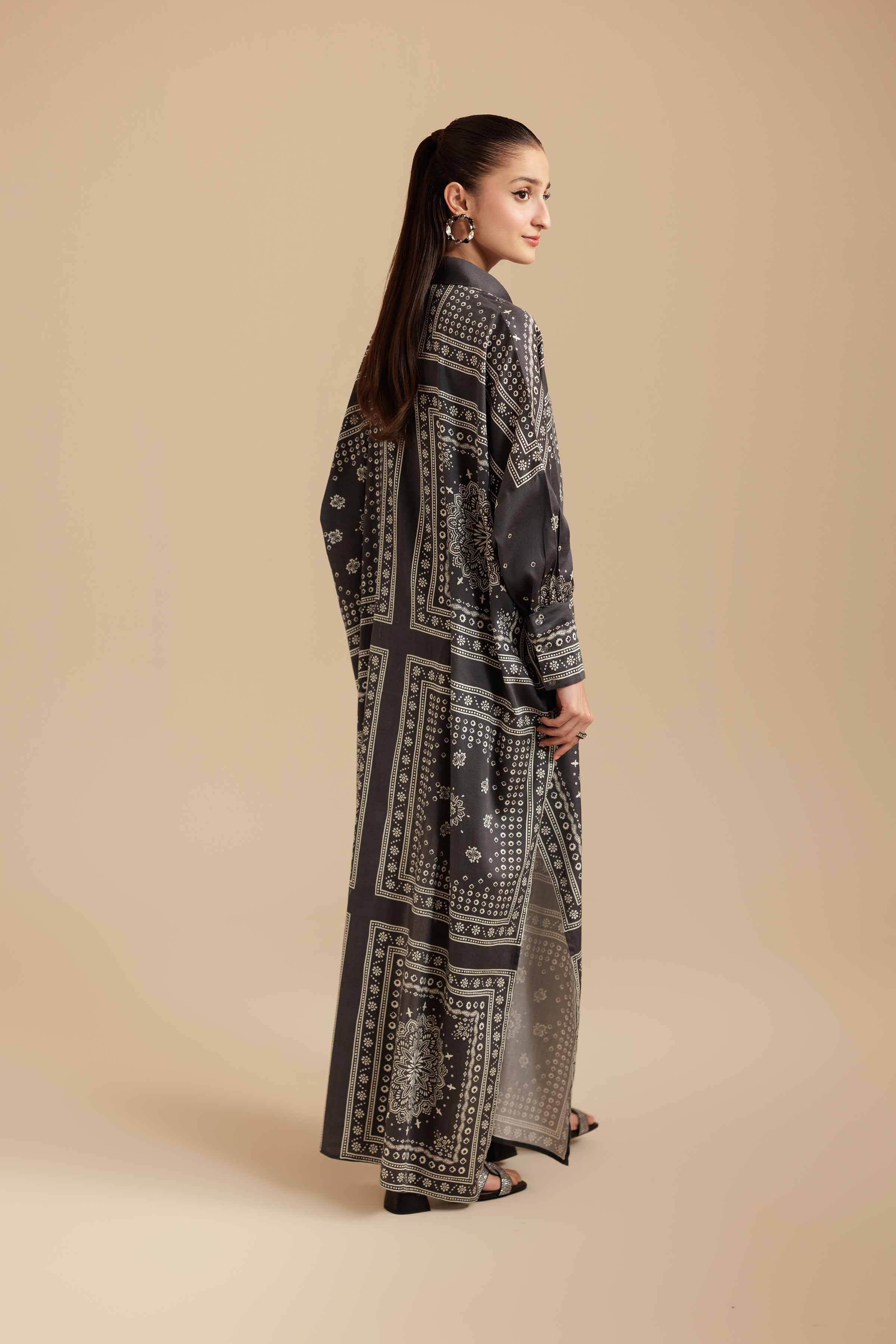 NishatUK - Grey Printed Satin 1-piece ready to wear Long Dress