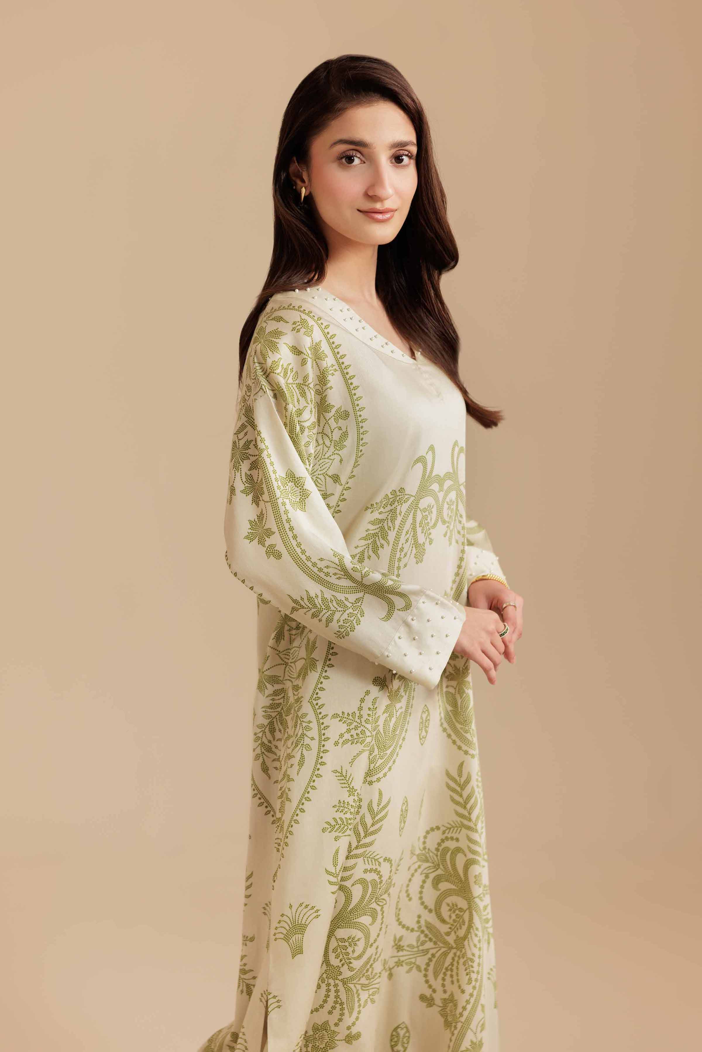 NishatUK - Sage Printed Sateen 1-piece ready to wear Long Dress