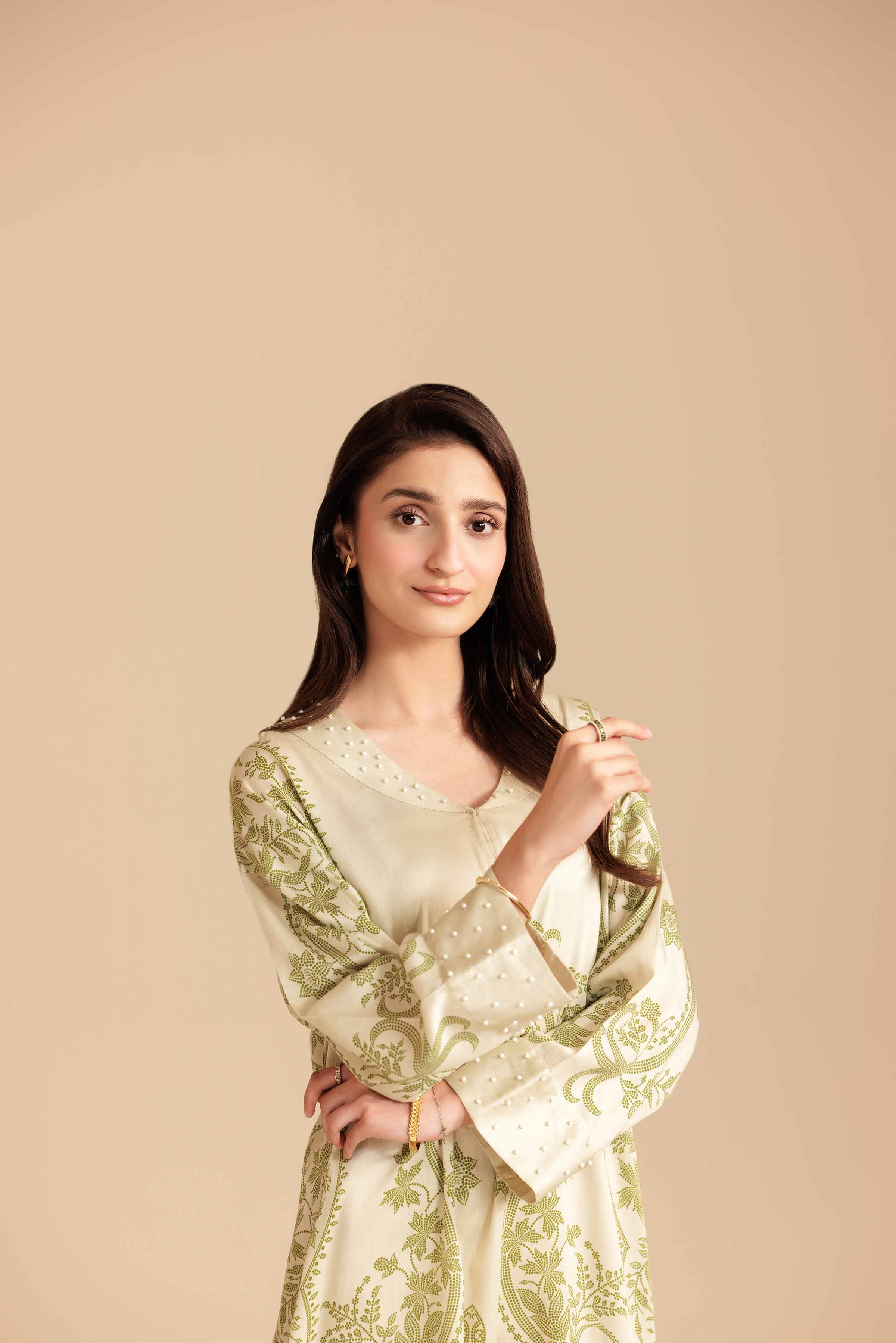 NishatUK - Sage Printed Sateen 1-piece ready to wear Long Dress