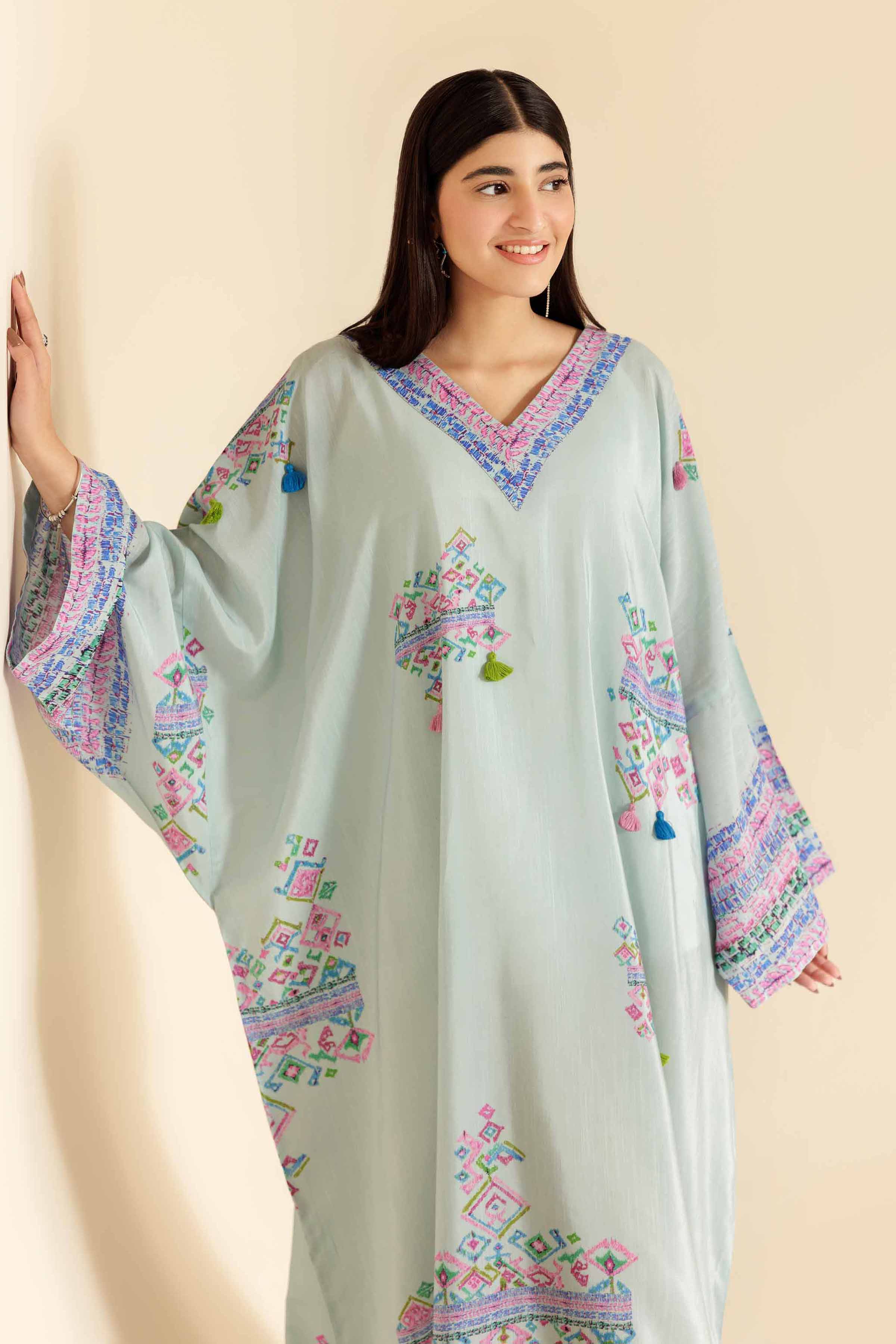 NishatUK - Sky Blue Printed Raw Silk 1-piece ready to wear Long Dress