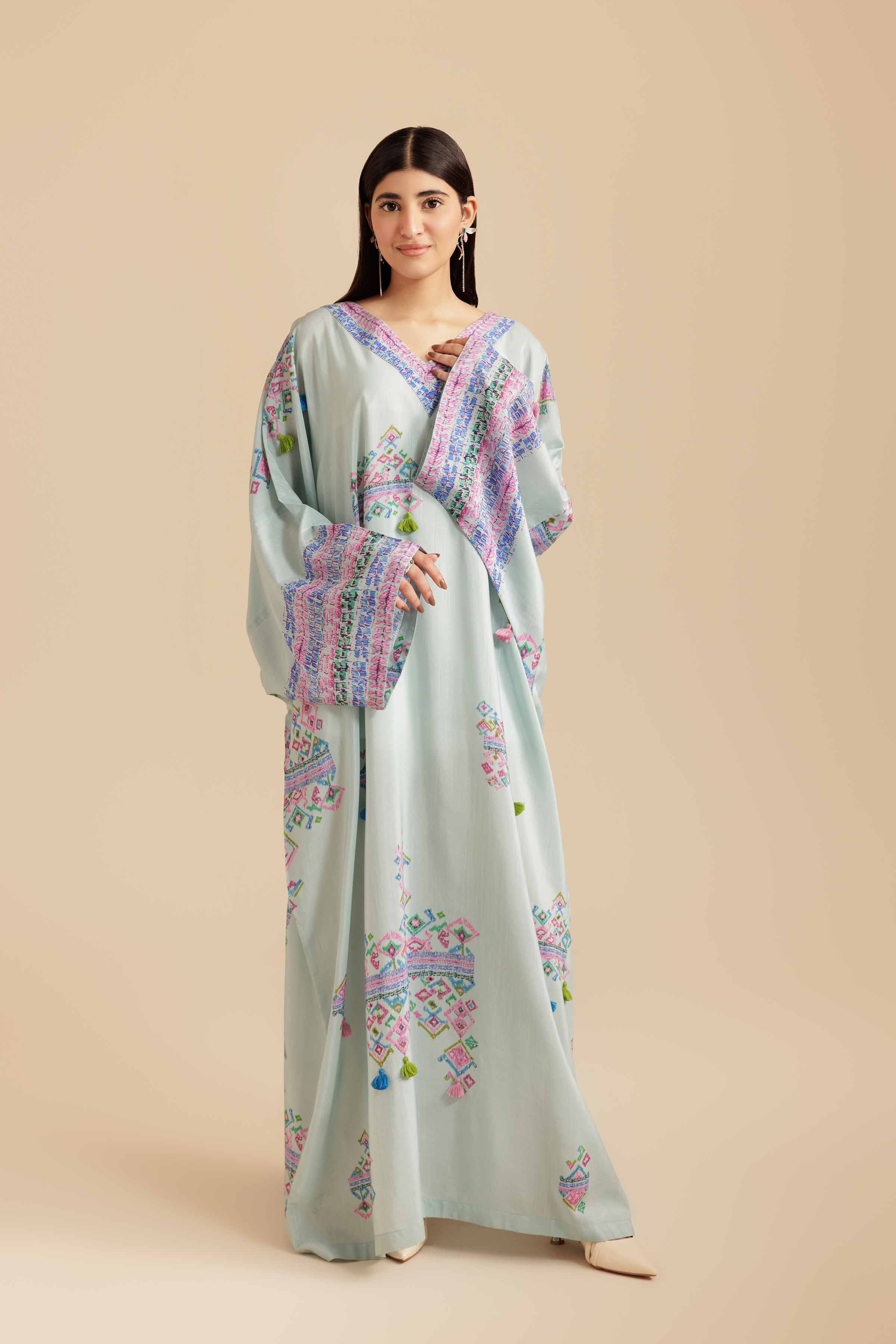 NishatUK - Sky Blue Printed Raw Silk 1-piece ready to wear Long Dress