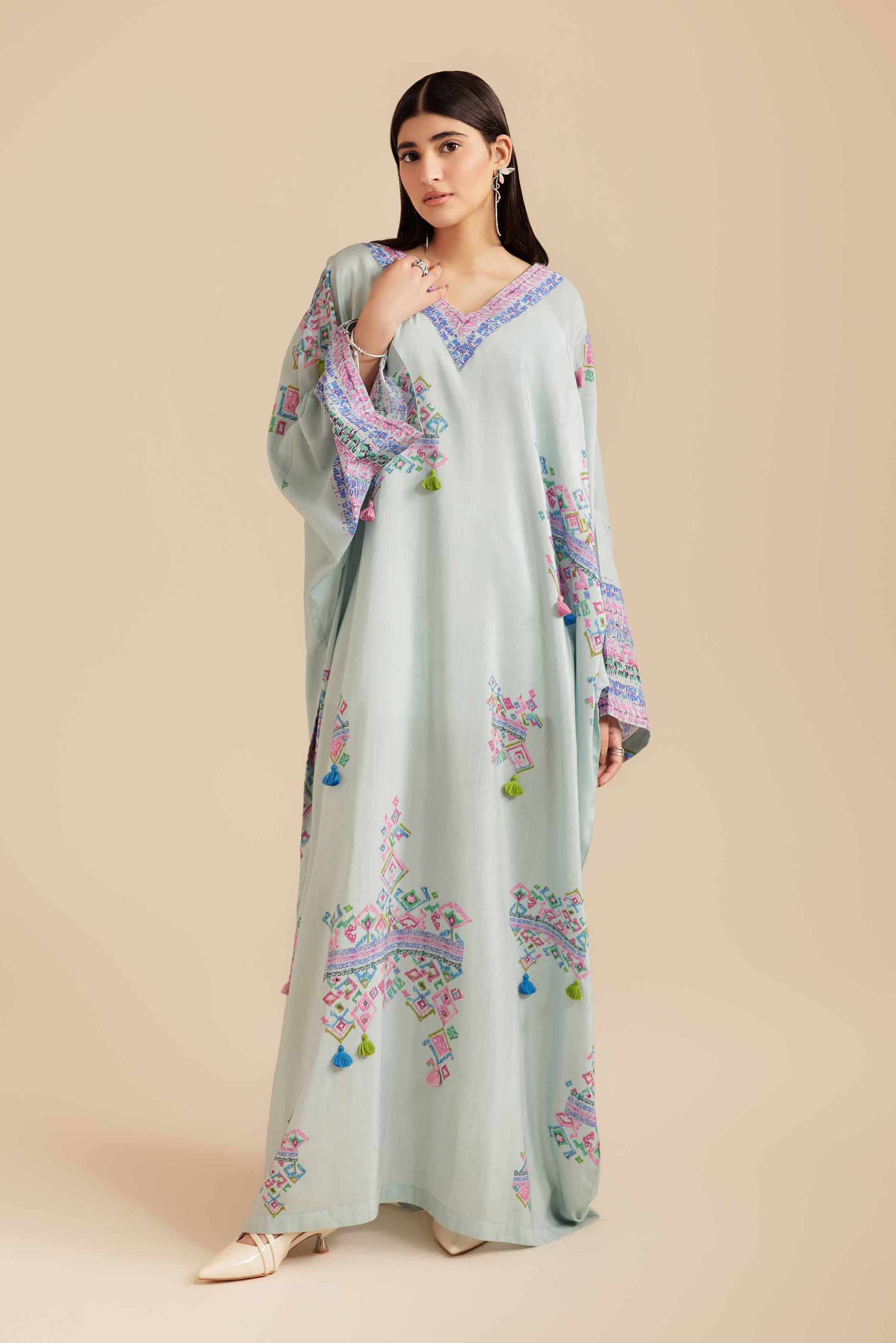 NishatUK - Sky Blue Printed Raw Silk 1-piece ready to wear Long Dress